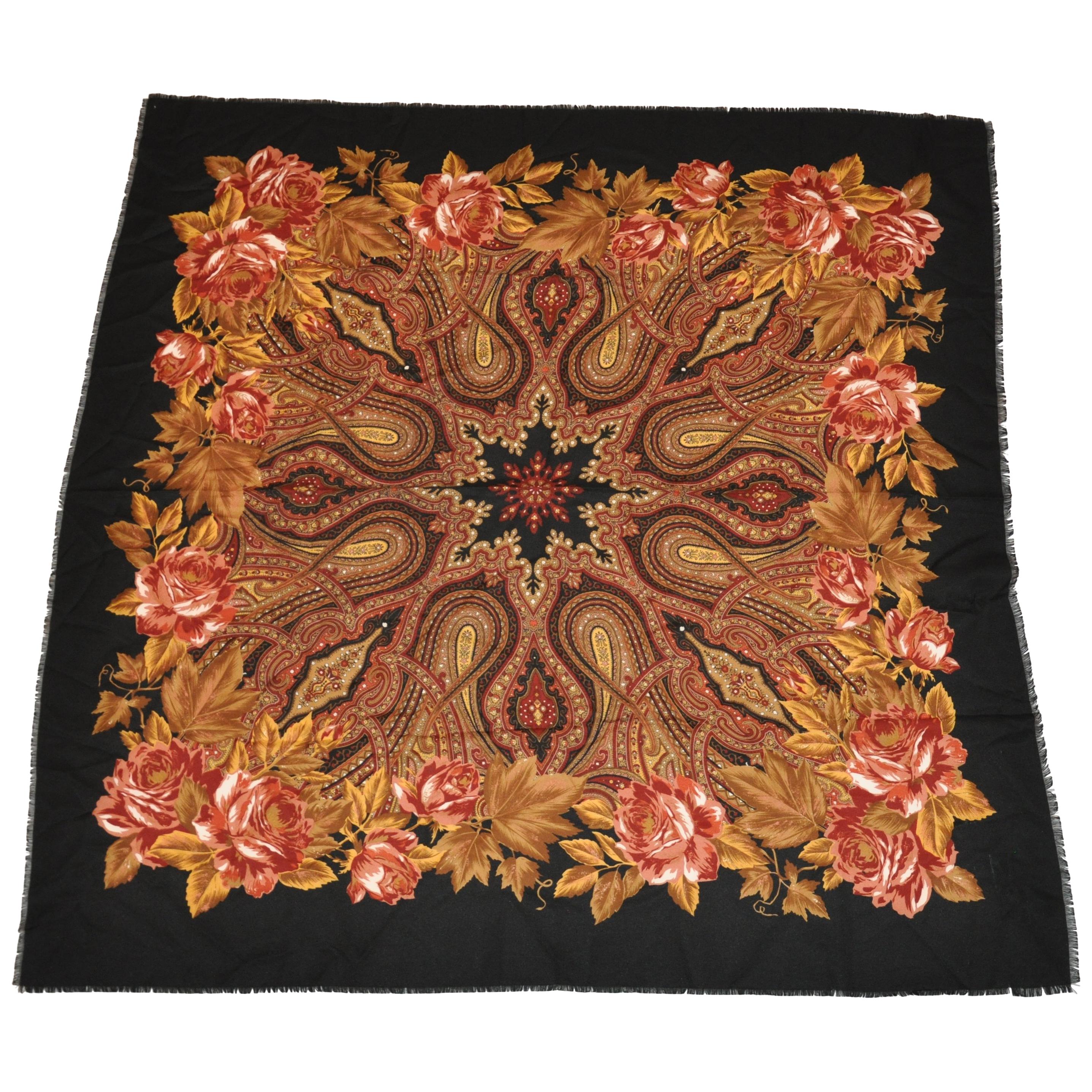 Huge Vivid Multi-Color "Winter's Florals" with Black Borders Fringed Scarf