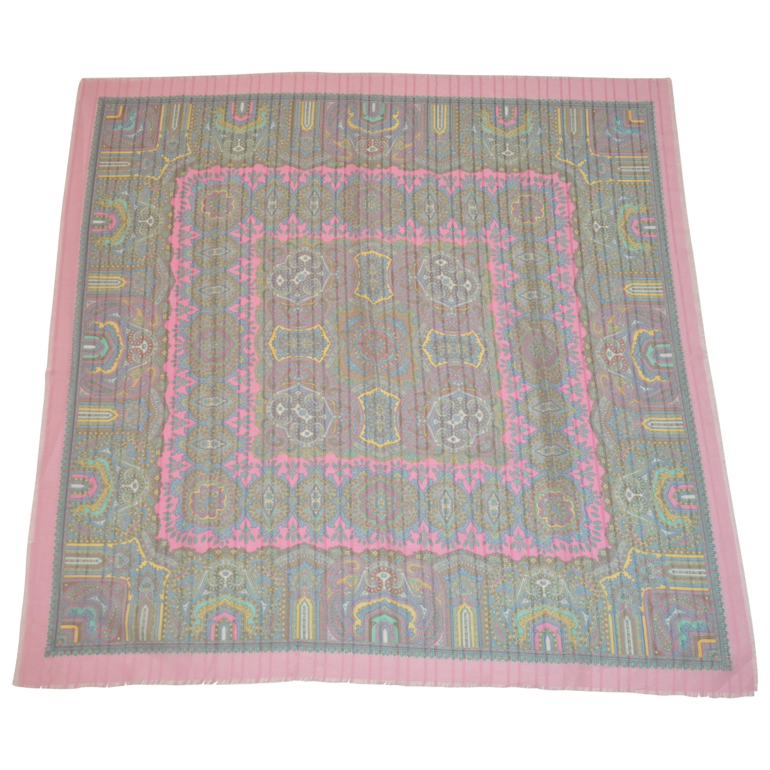 Multi Color "Summer Shades of Palseys" with Pink Fringed Borders Scarf For Sale