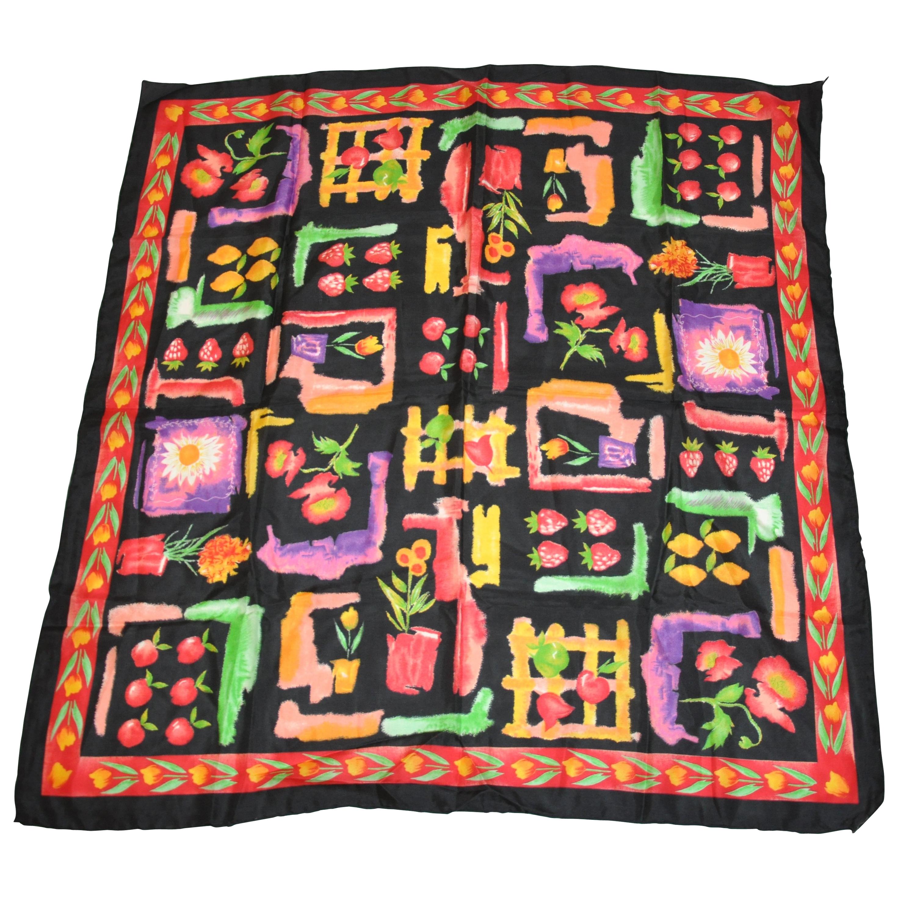 "Flowers & Fruits" with Black Borders Silk Scarf For Sale