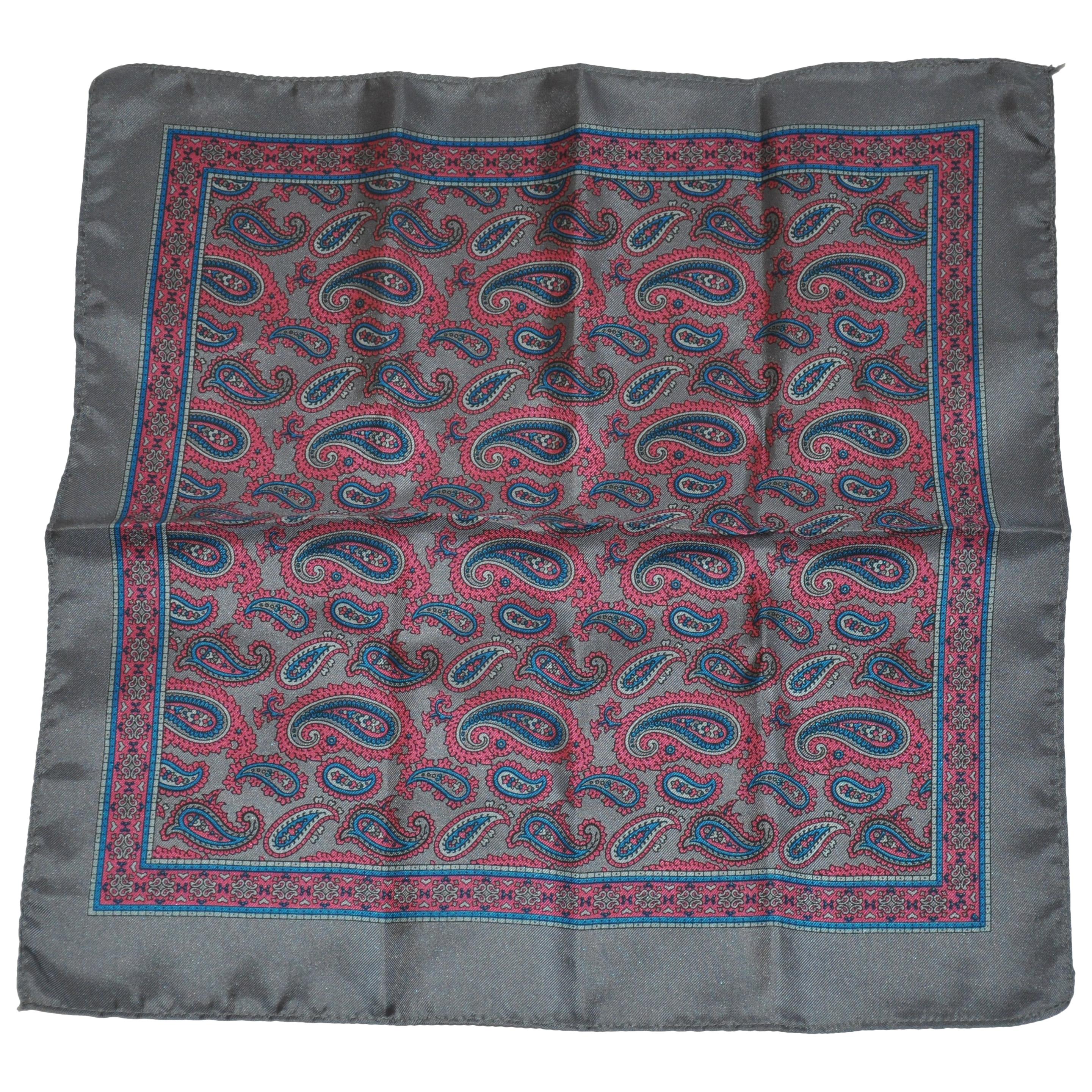 Steel Gray Borders with Multi Palsey Silk Handkerchief For Sale