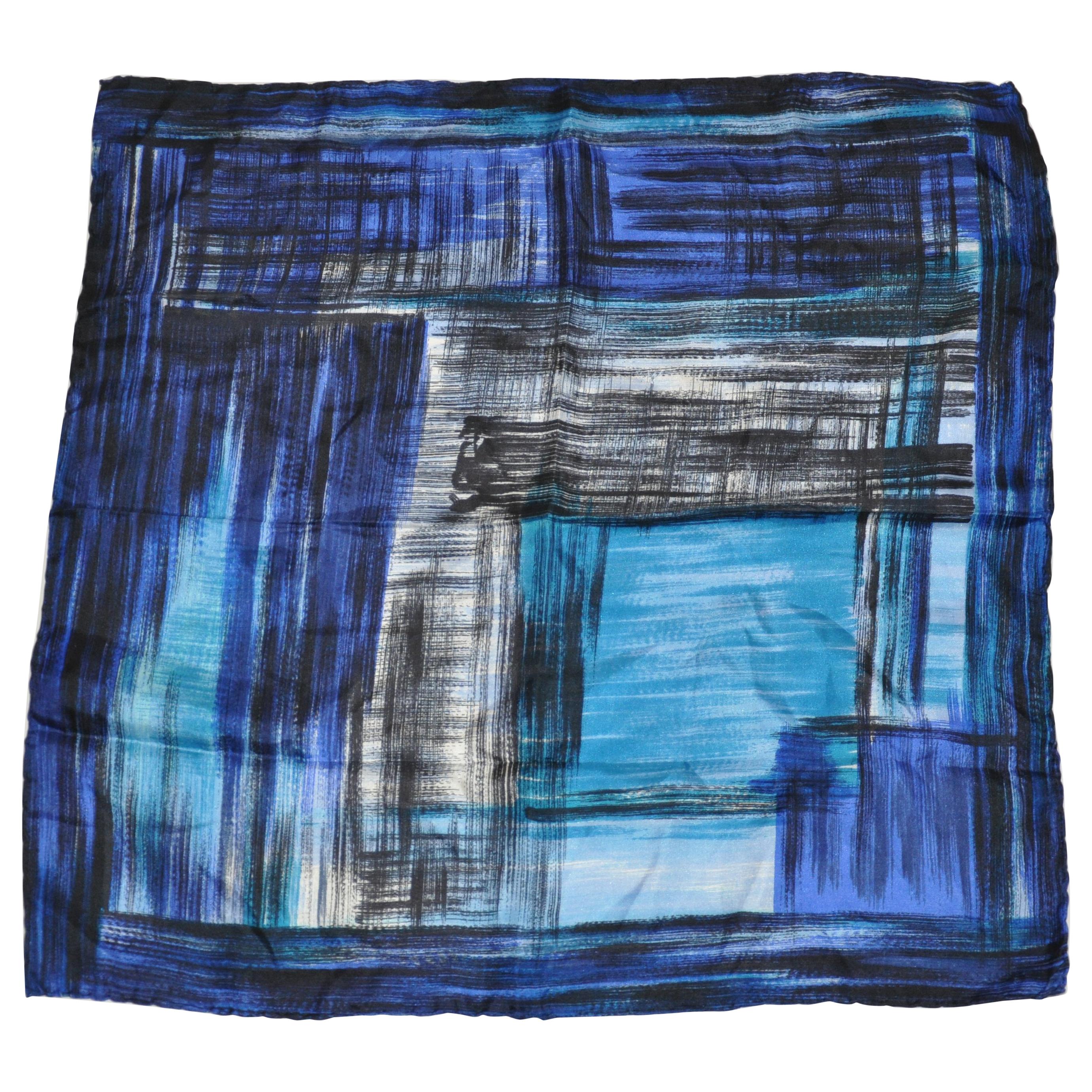 Shades of Blues & Black "Brush Strokes" Silk Handkerchief For Sale