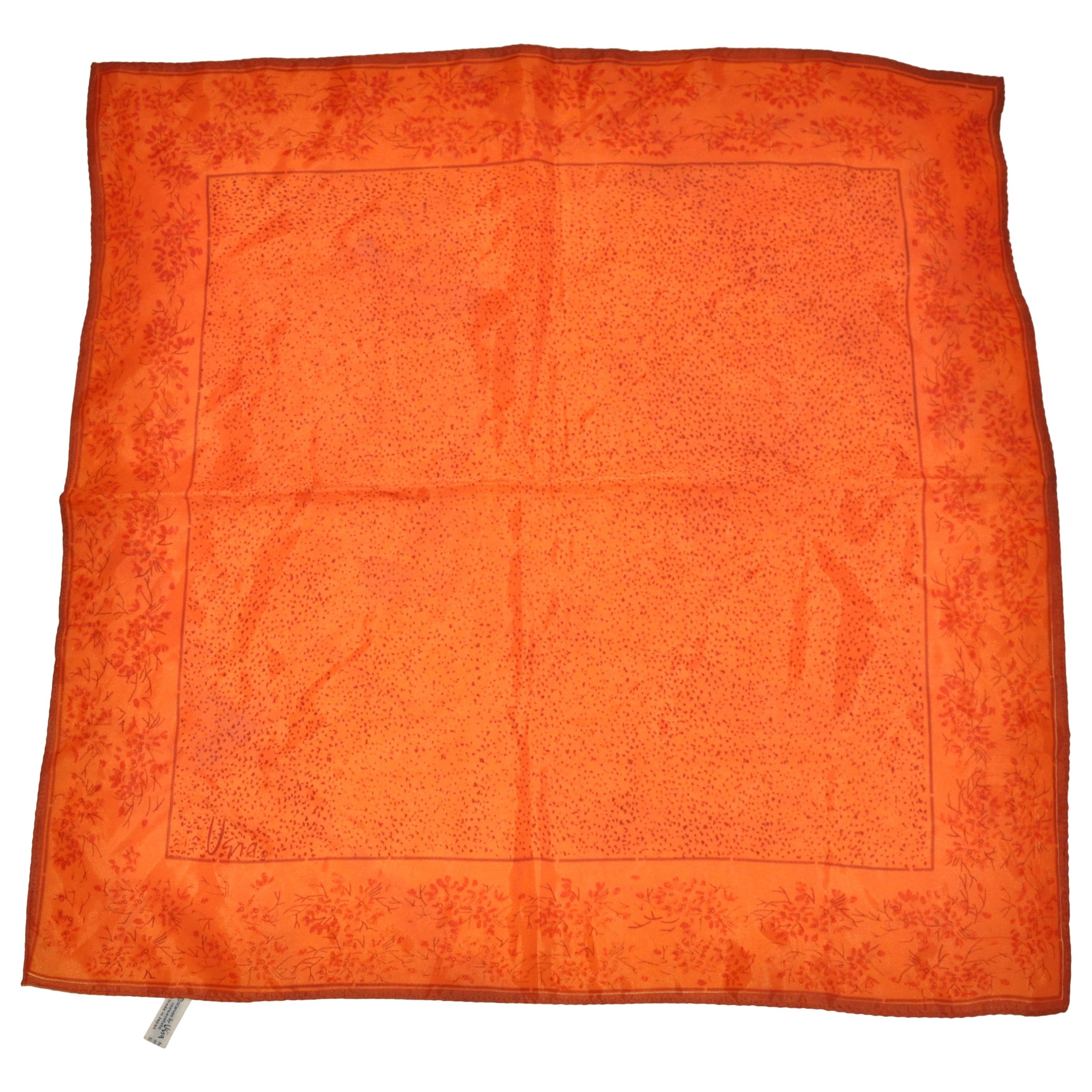 Vera Warm Tangerine with Scattered Floral Borders Scarf For Sale