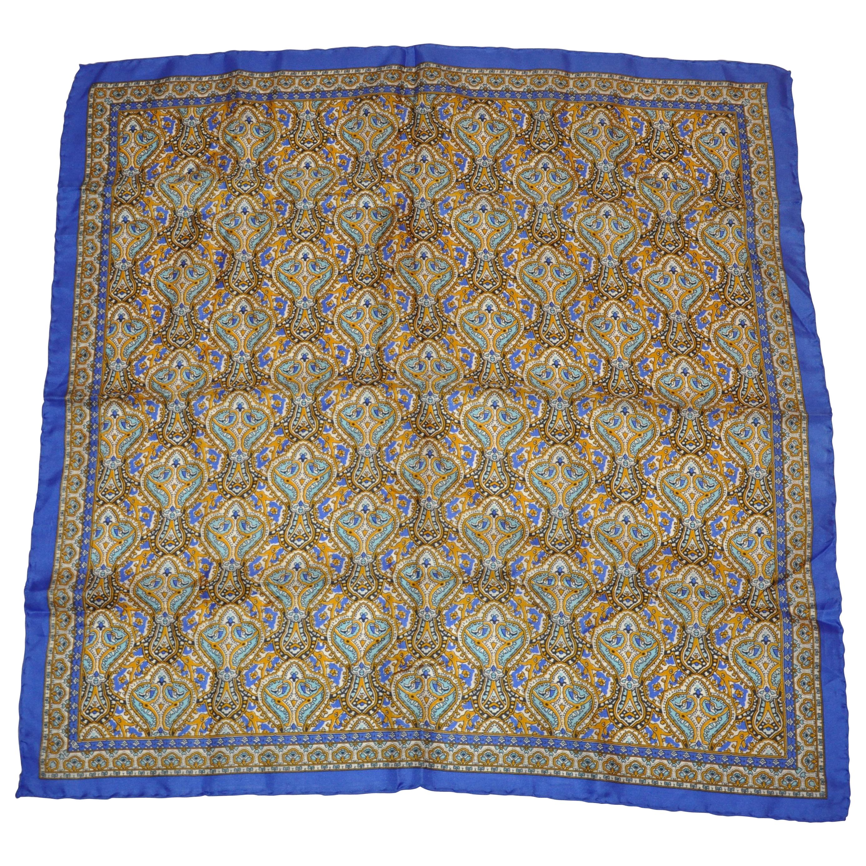 Blue Lapis Border with Multi Palseys Silk Scarf For Sale