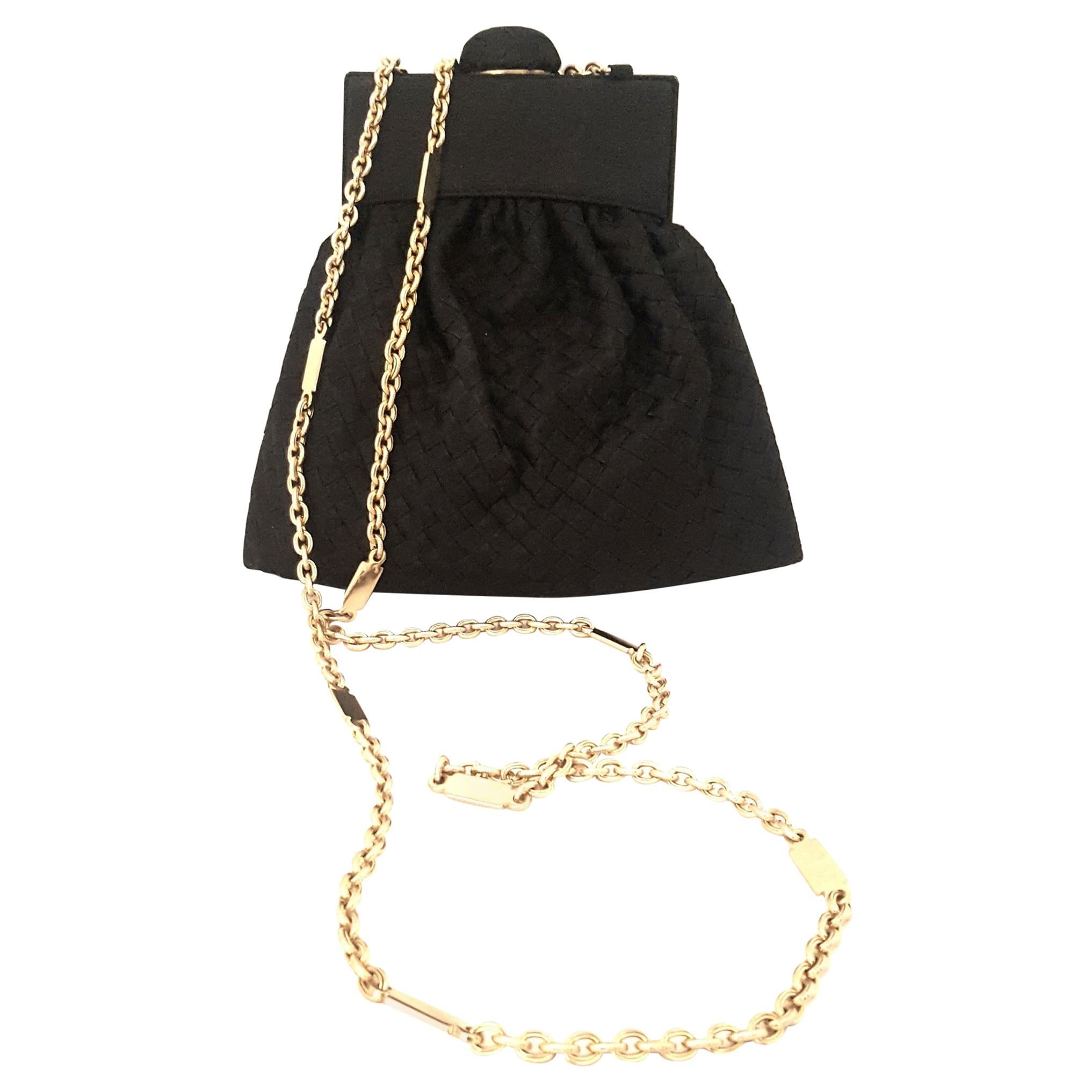 Bottega Veneta Vintage Black Intrecciato Mini Bag W/ Gold Tone Chain Strap For Sale