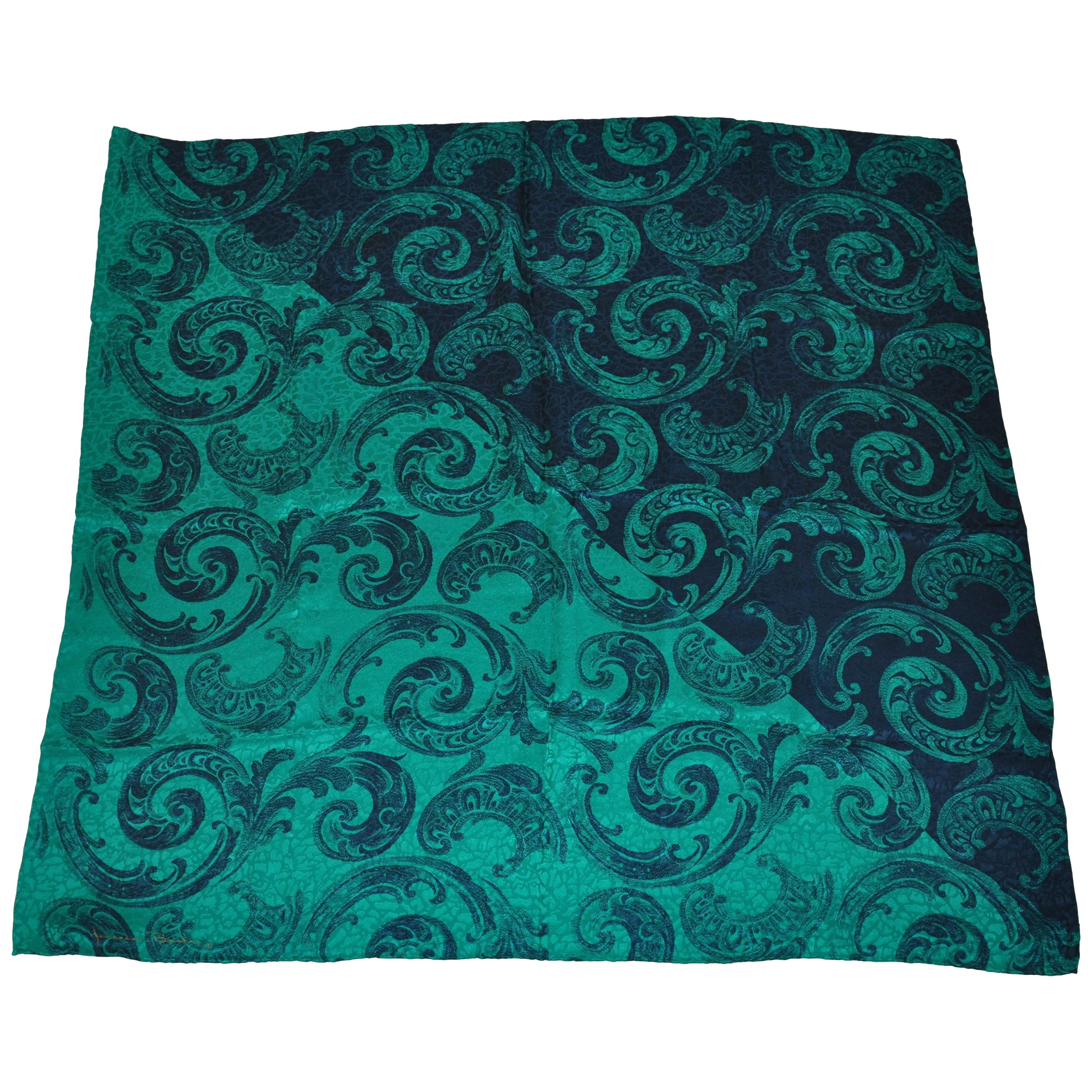 Jeannene Booher for Maggy London Large Rich Emerald & Black Palsey Silk Scarf For Sale