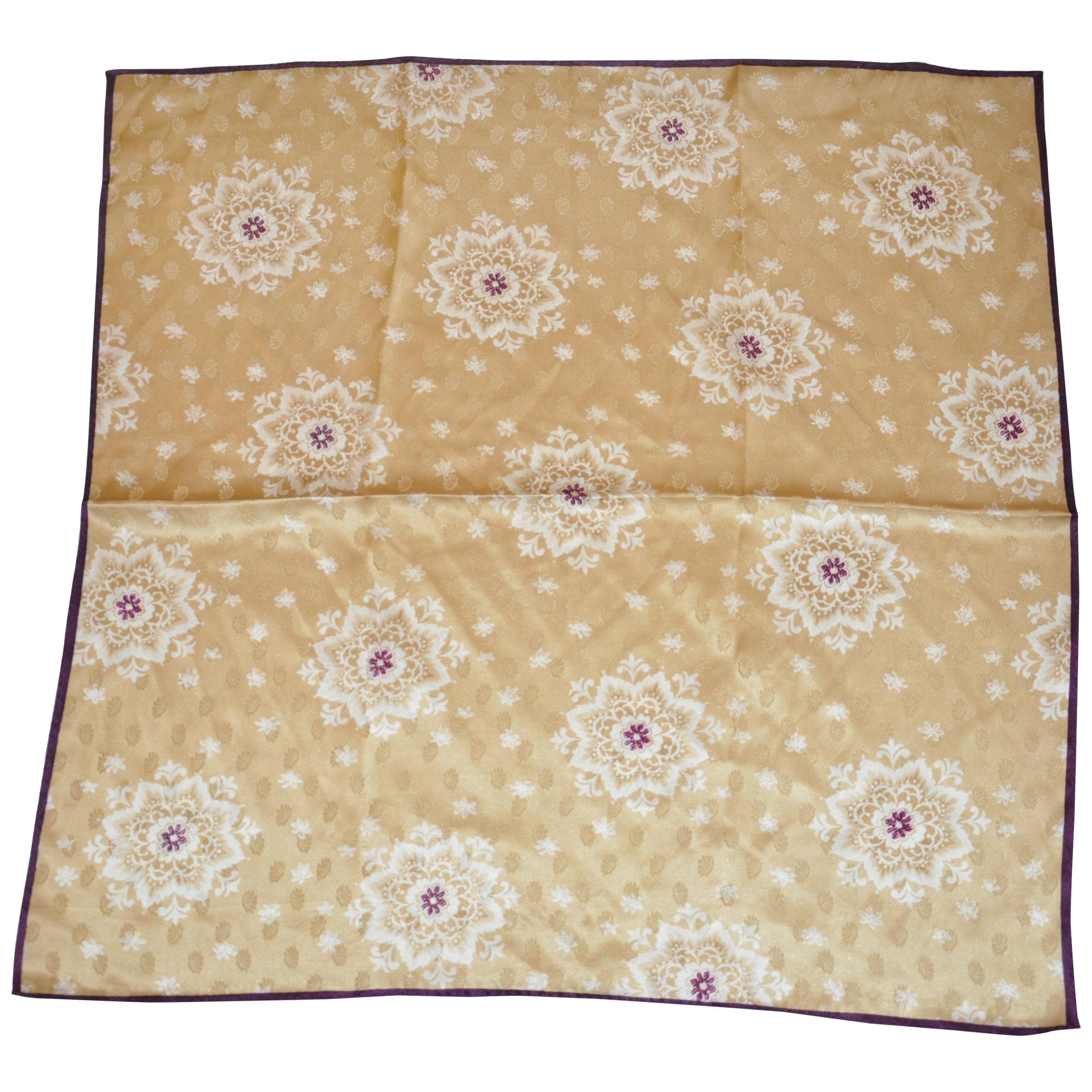 Golden "Floral Snowflakes" with Burgundy Borders Silk Jacquard Scarf For Sale