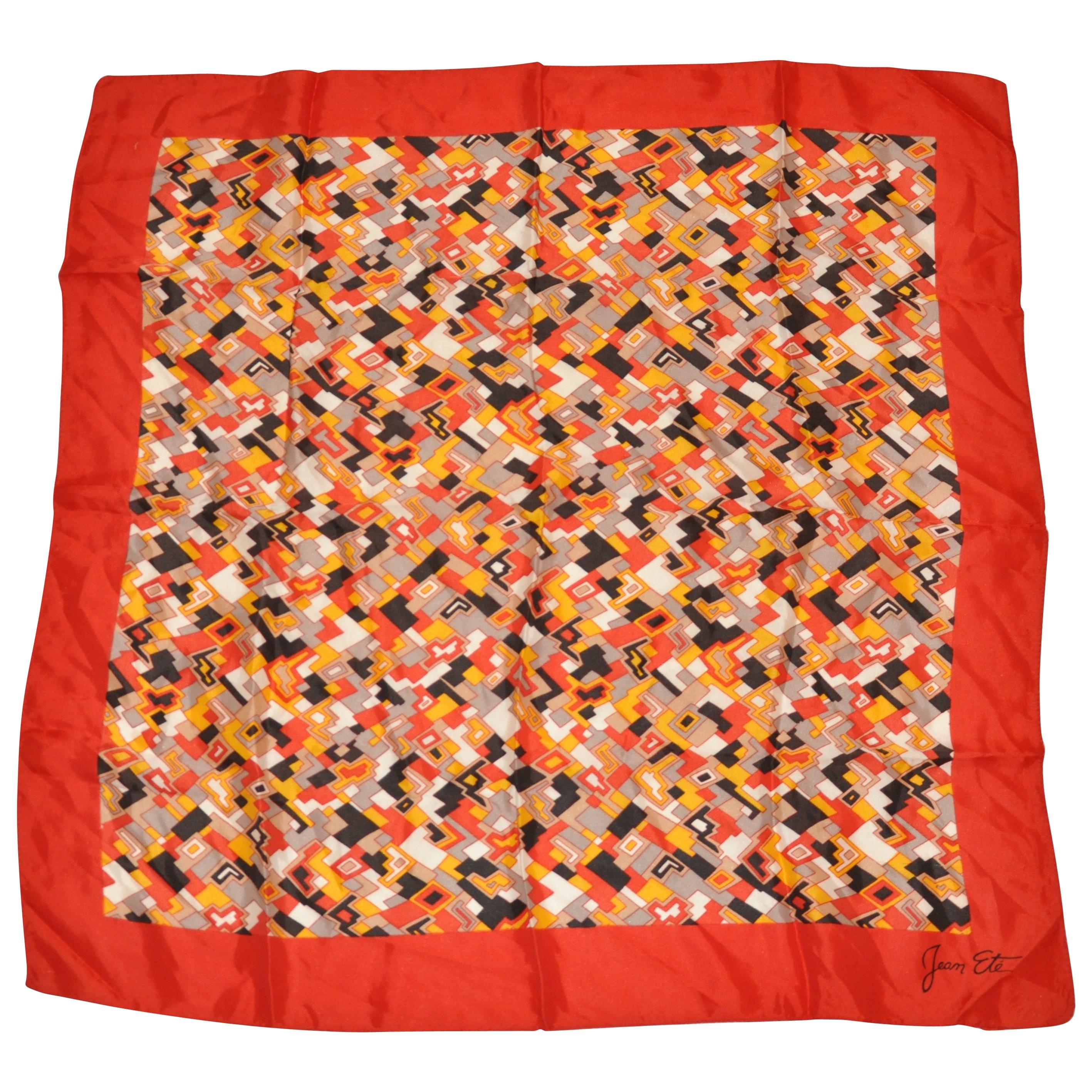 Jean Ete Red Border with Multi-Color "Abstract Lighting" Silk Scarf For Sale