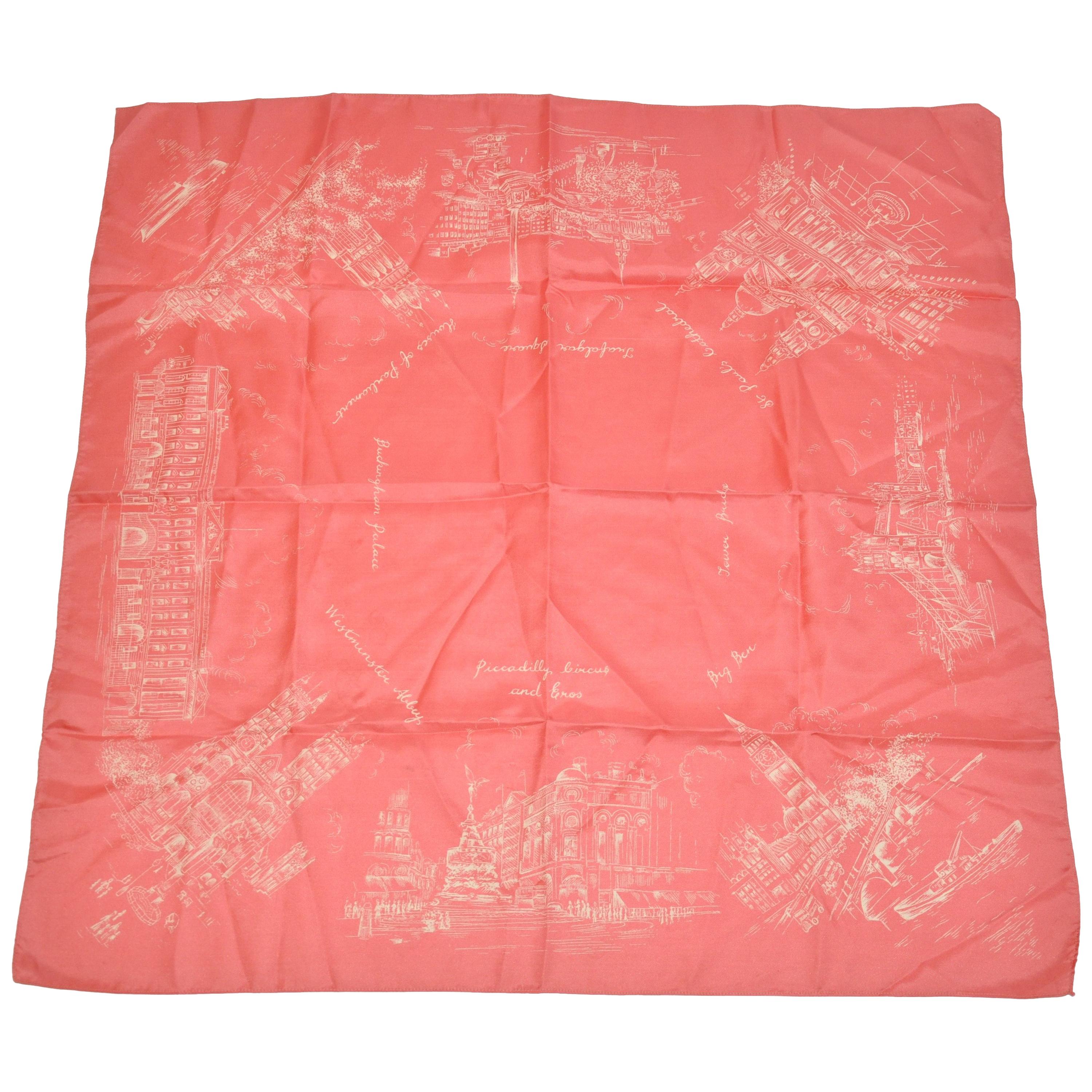 Elegant Coral Hue with Ivory "Scenes of Old London" Silk Scarf For Sale