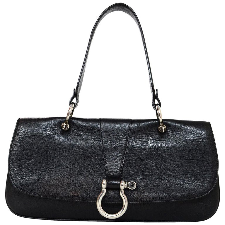 Burberry Black Leather Top Handle Flap Bag W/ Silver Ring Snap Flap