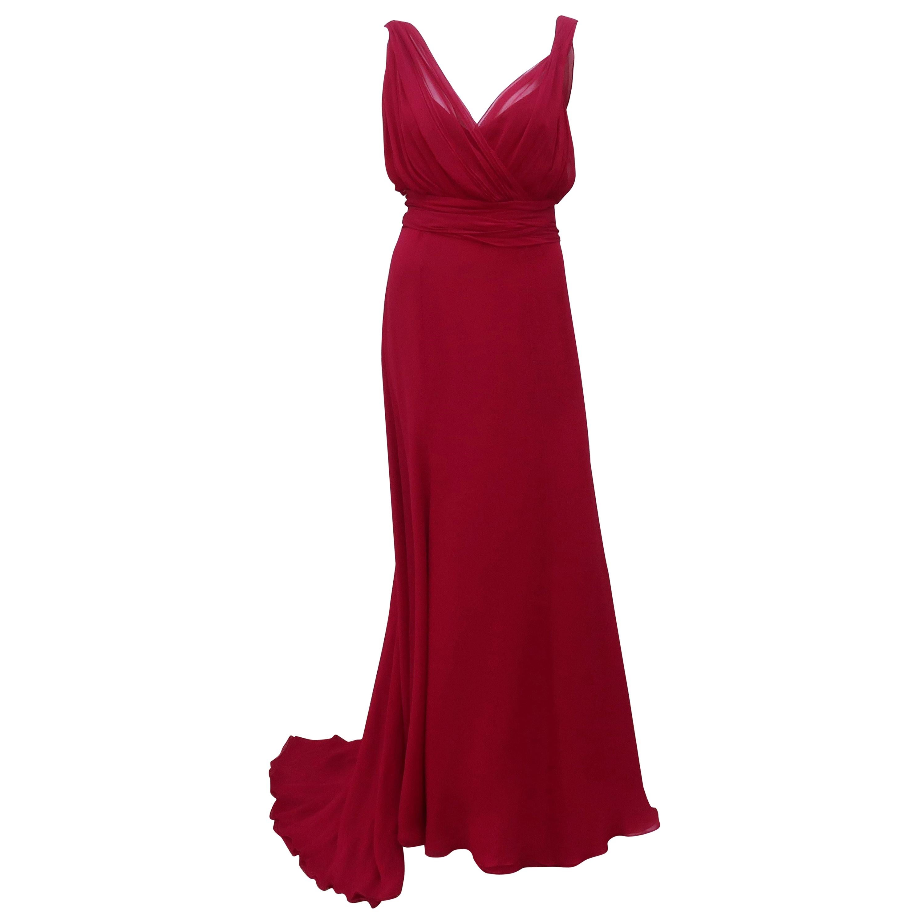 Monique Lhuillier Red Silk Draped Goddess Dress