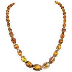 Retro Venetian Fire Opal Foiled Glass Bead Necklace 1950s