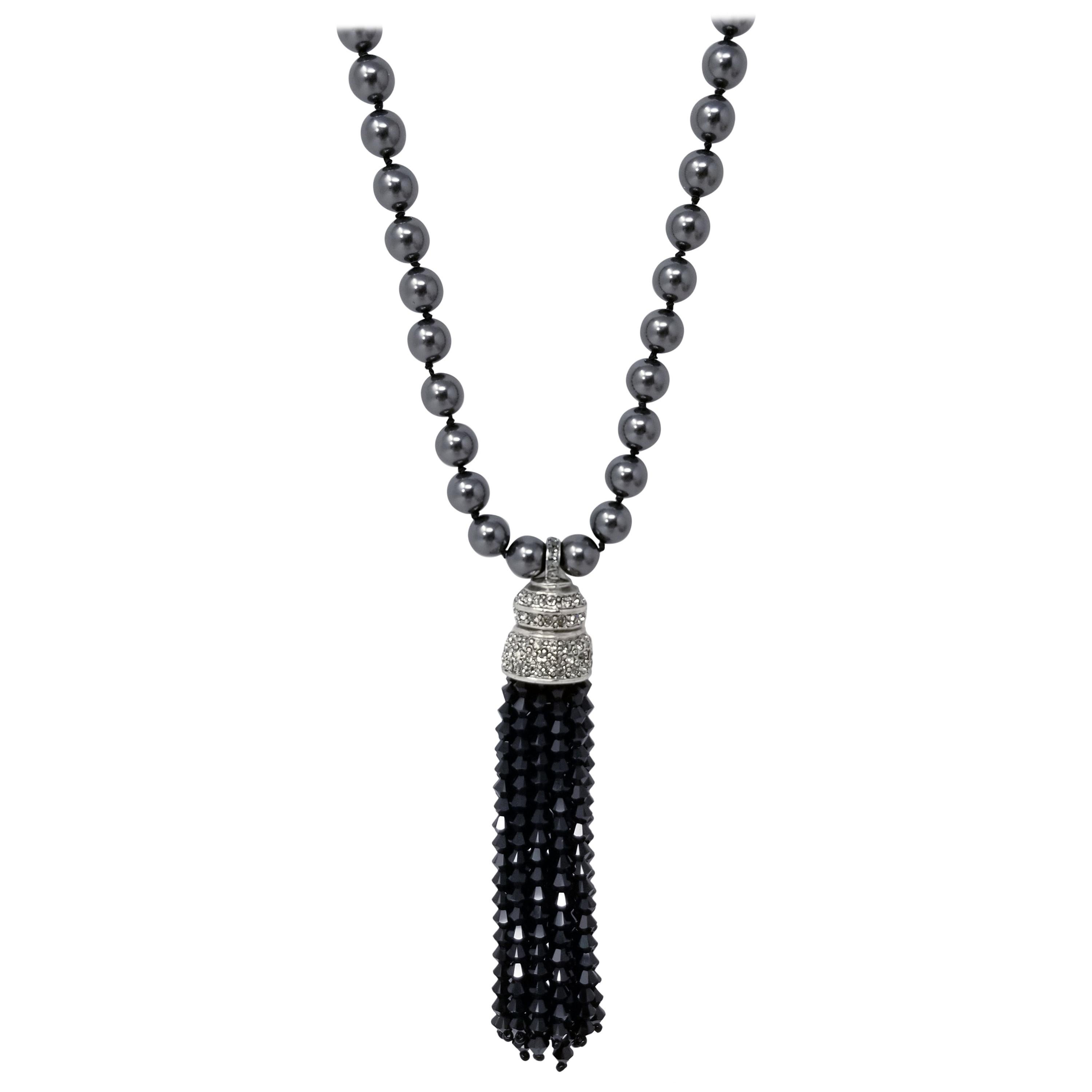 Oscar de la Renta Dark Metallic Bead and Black & Clear Crystal Tassel Necklace For Sale