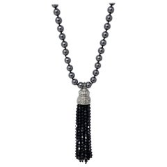 Oscar de la Renta Dark Metallic Bead and Black & Clear Crystal Tassel Necklace