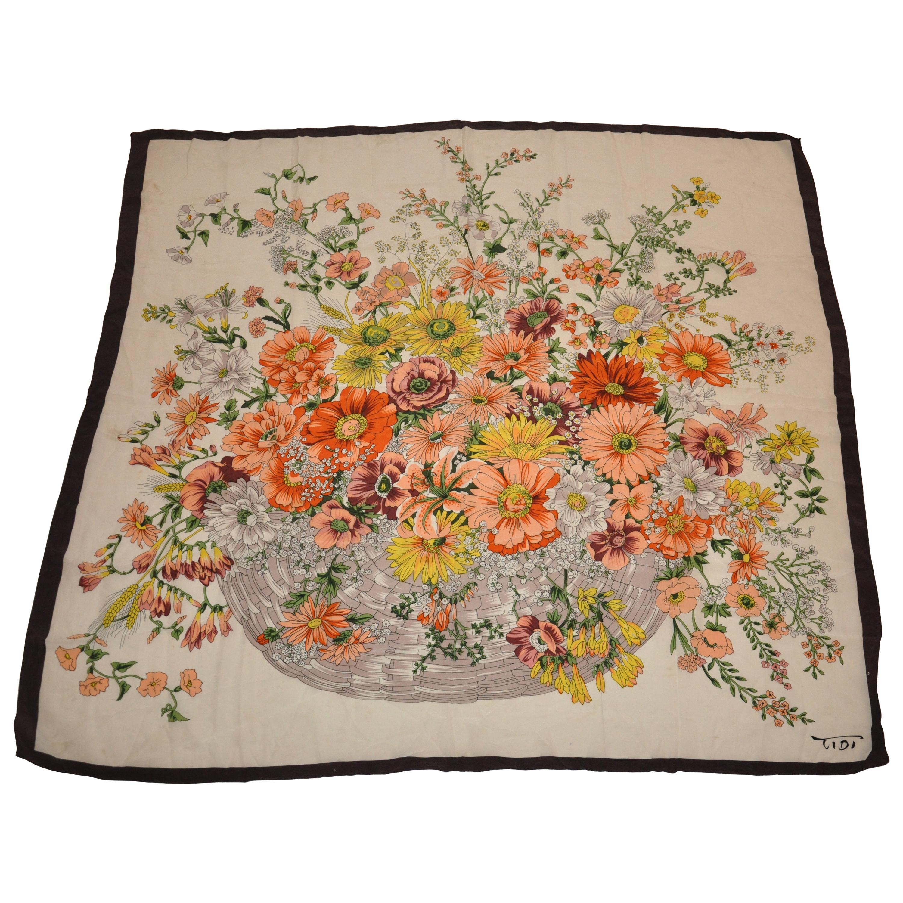 Huge Tibi Coco-Brown Borders Surrounding "Basket of Wild Florals" Silk Scarf For Sale