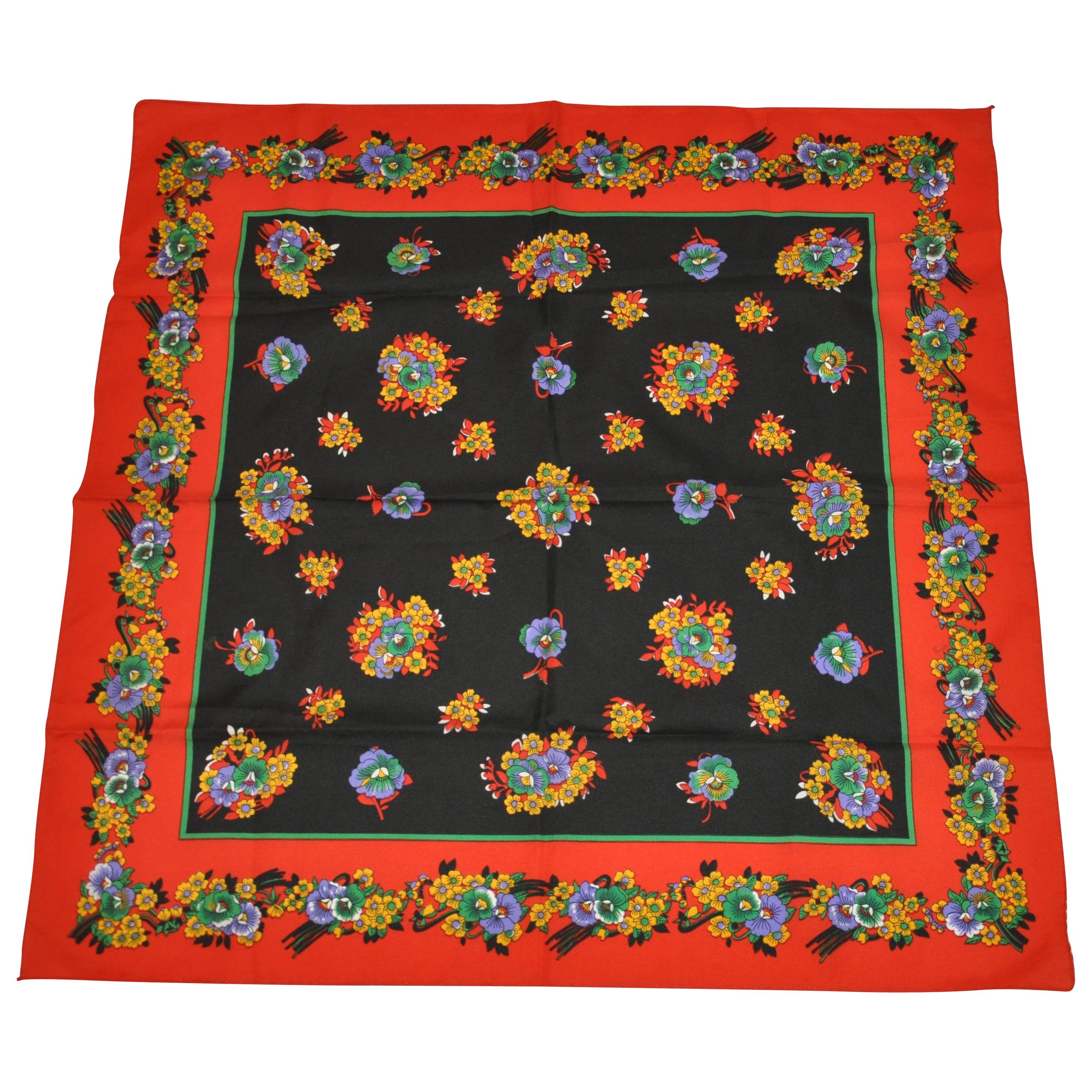 Vivid and Colorful Multi-Color Floral Red Border Scarf For Sale