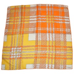 Retro Echo Wonderfully and Vividly Bold Tangerine, Ivory, Yellow & Gray Silk Scarf