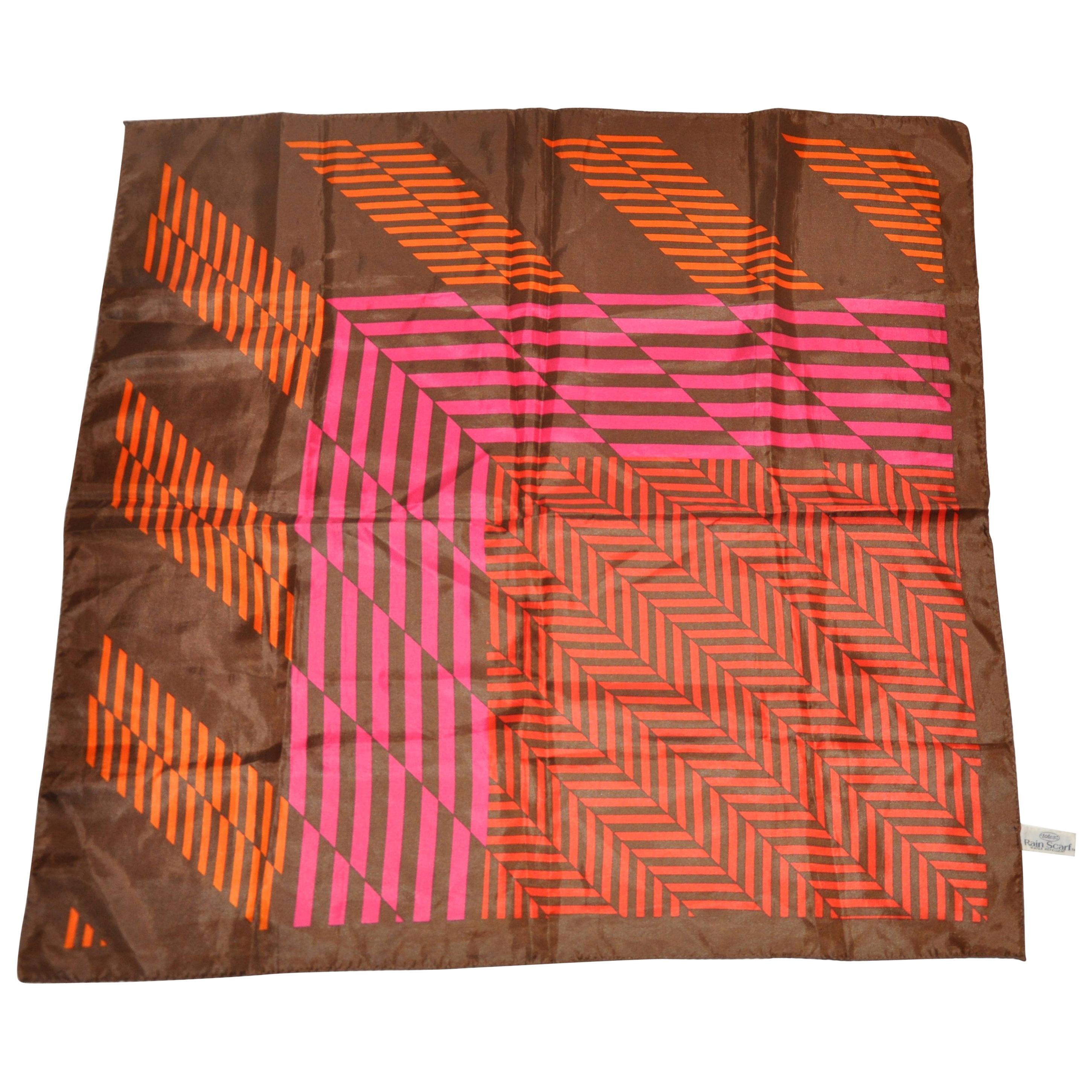 Coco Brown Borders with Abstract Tangerine & Fuchsia Stripes Scarf For Sale