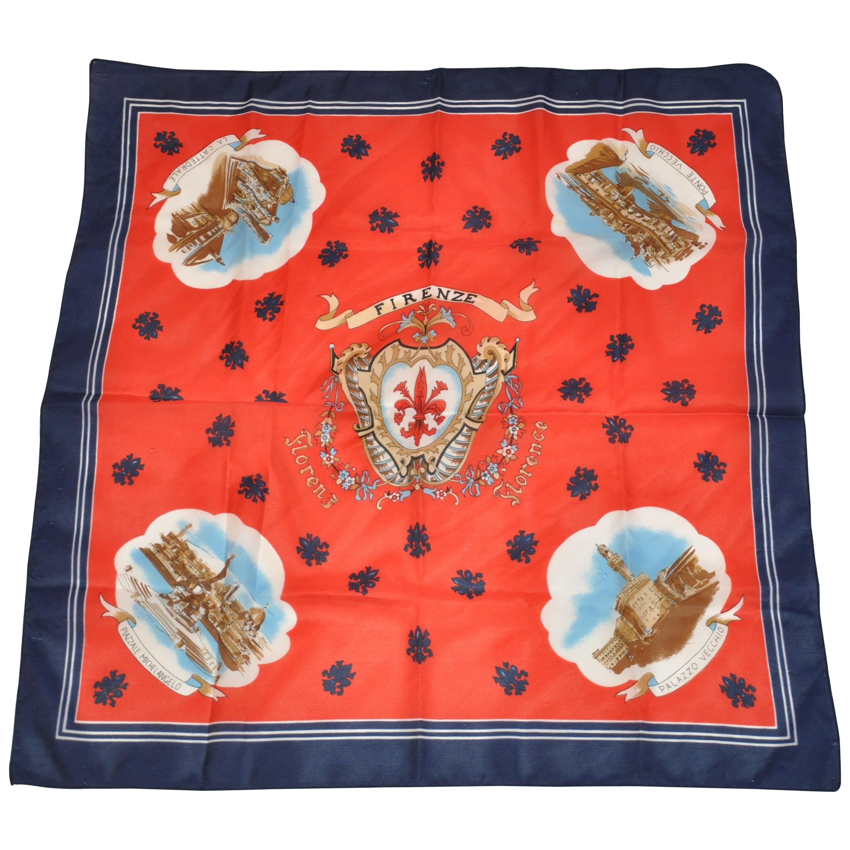 Multi-Color with Navy Borders "Florence Wonderful Scenes" Scarf For Sale