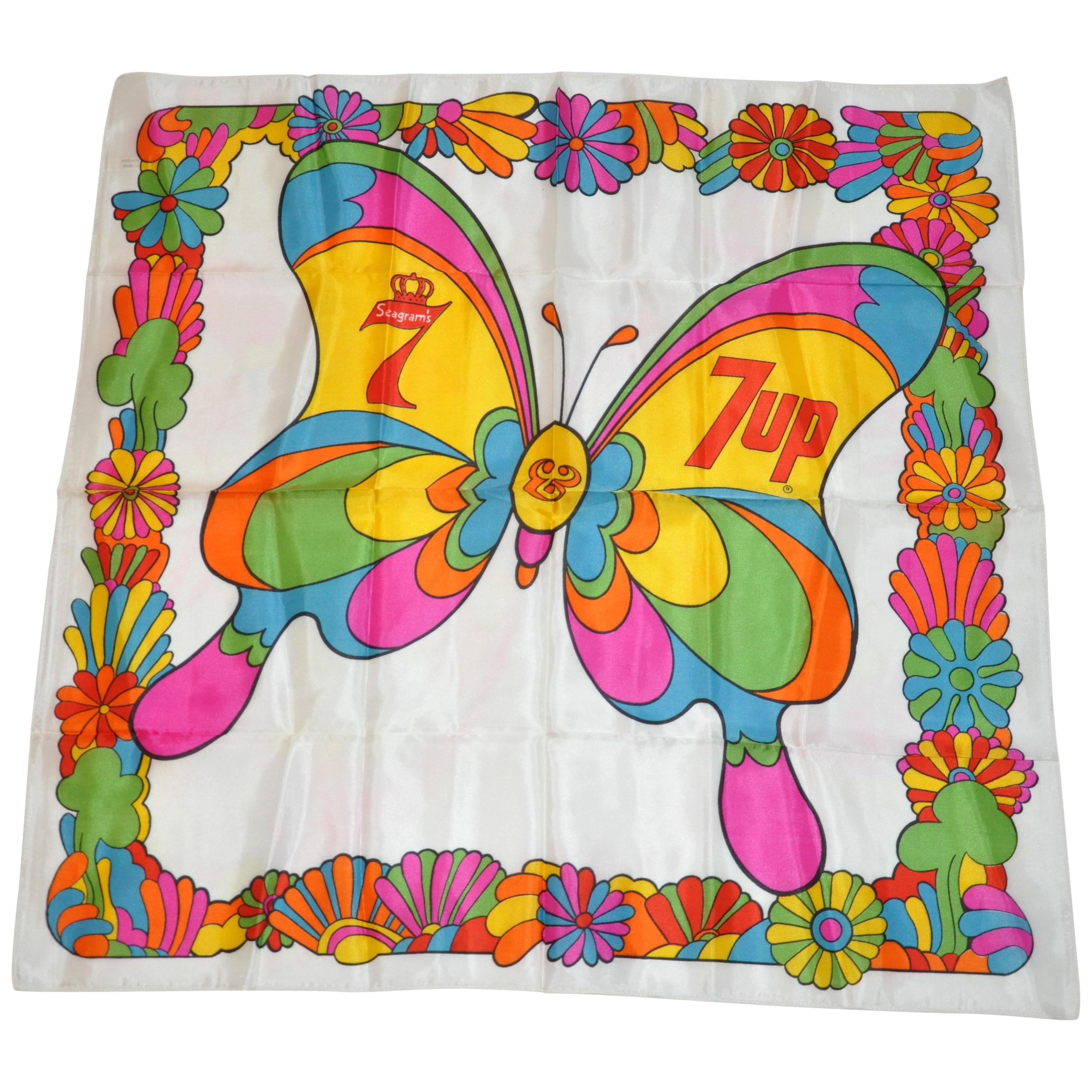 Iconic Vivid "Mod Butterfly" by Peter Max for Seagram's & 7Up Acetate Scarf For Sale