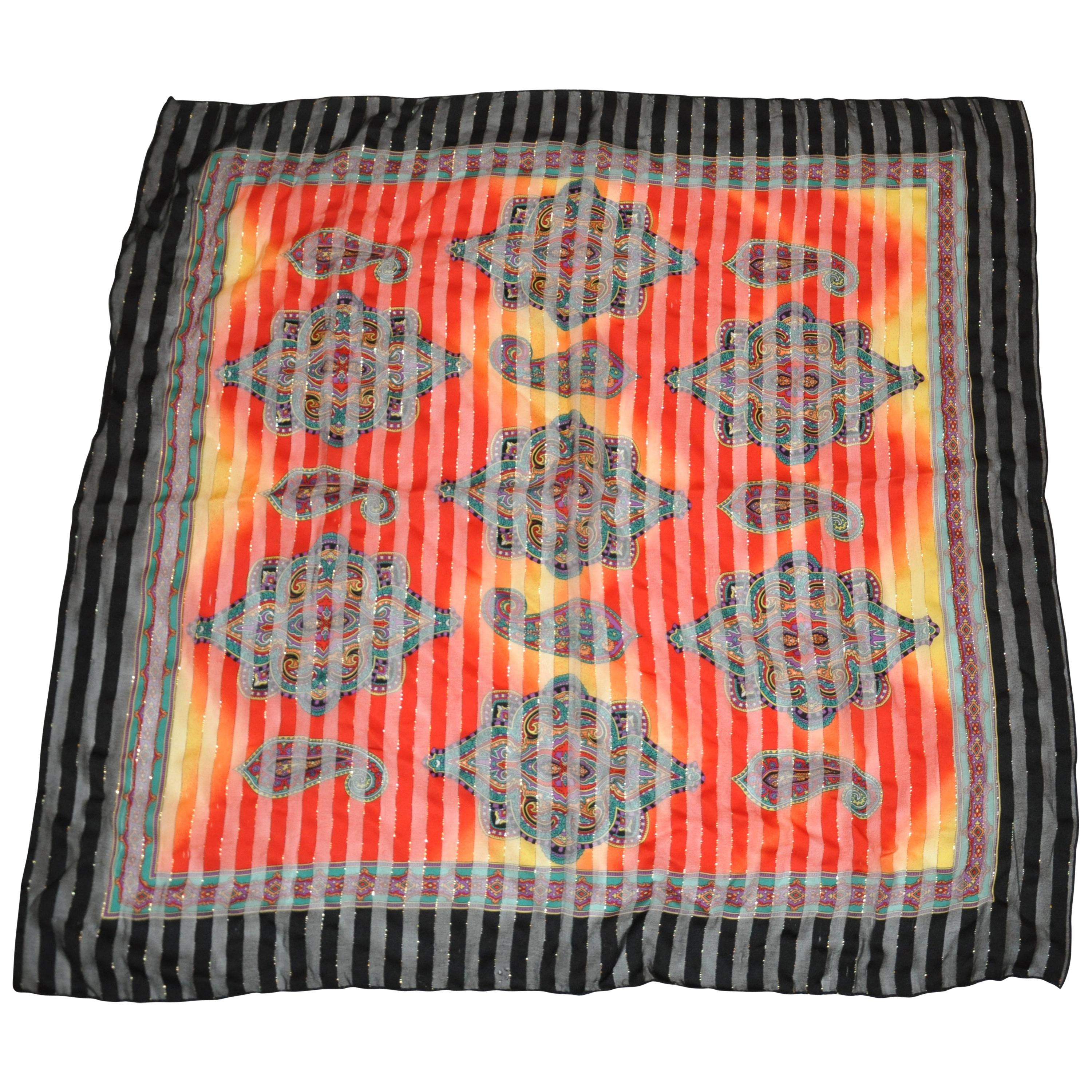 Multi-Color "SunBurst With Palseys" with Black Borders Silk Chiffon Scarf For Sale