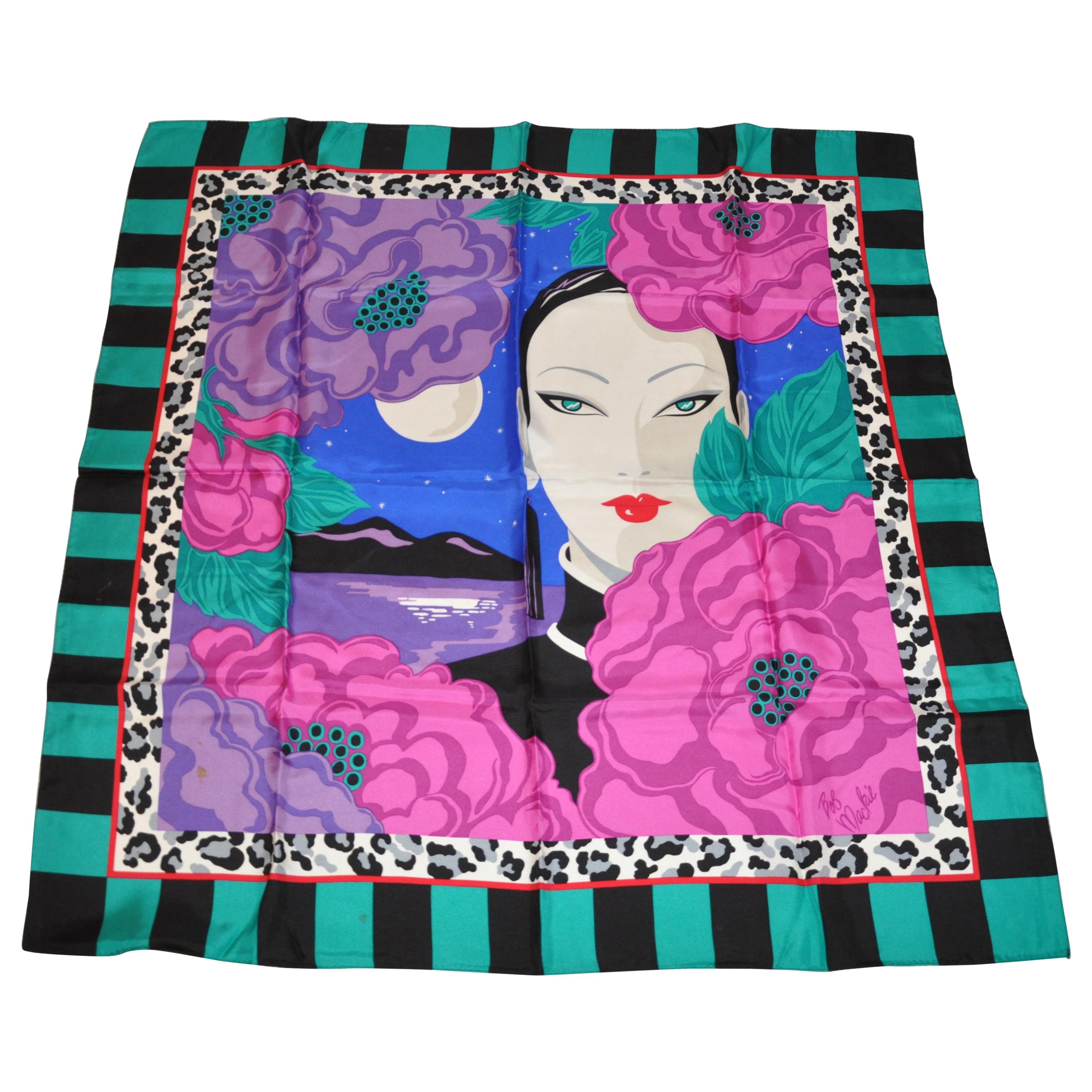 Tibi Wonderfully Whimsical Shades of Turquoise Popping Pinks Floral Silk Scarf