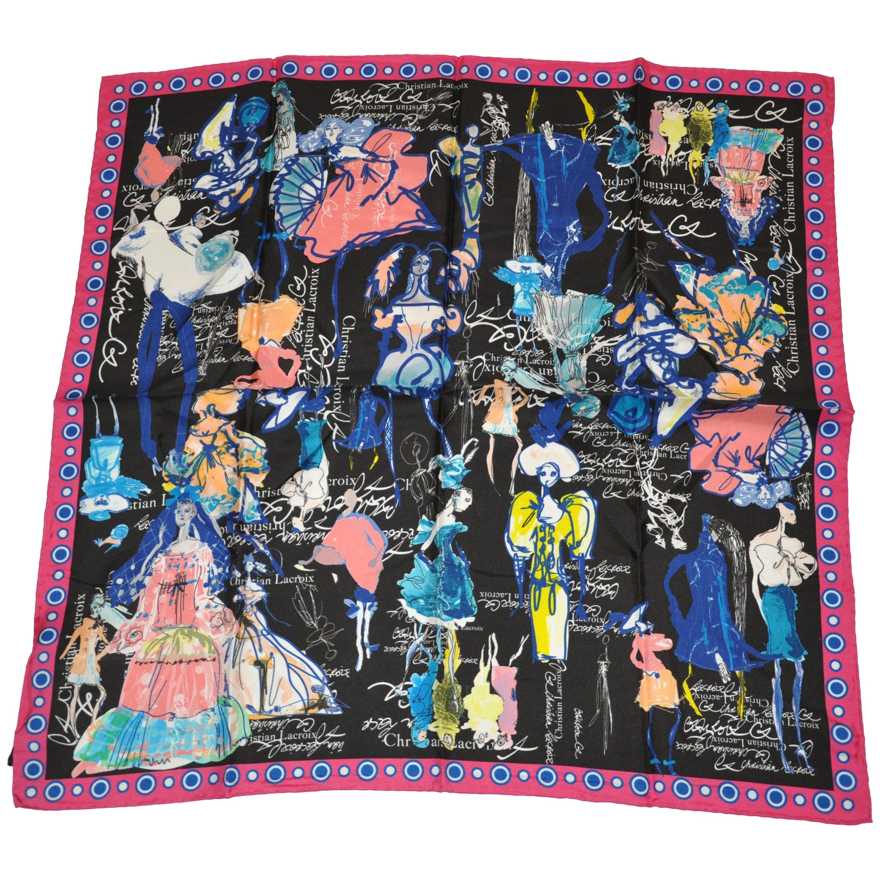 Christian LaCroix Bold Whimsical Multi-Color "History of LaCroix" Silk Scarf