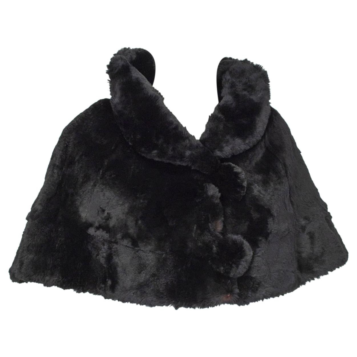 Black Shearling Capelet Stole with Shawl Collar, 1950s