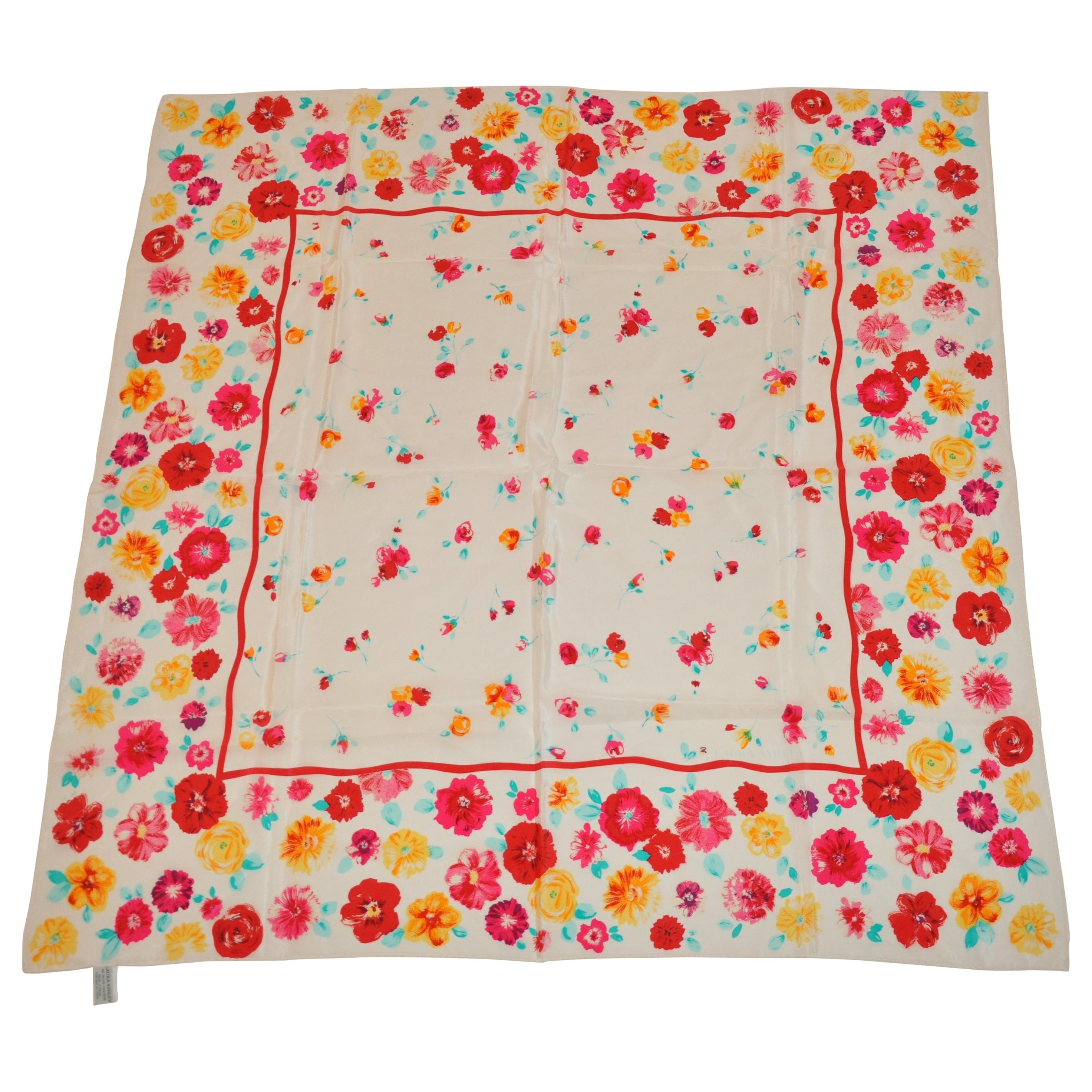 Laura Ashley Springtime Cream with Multi Colors of Florals Silk Scarf For Sale