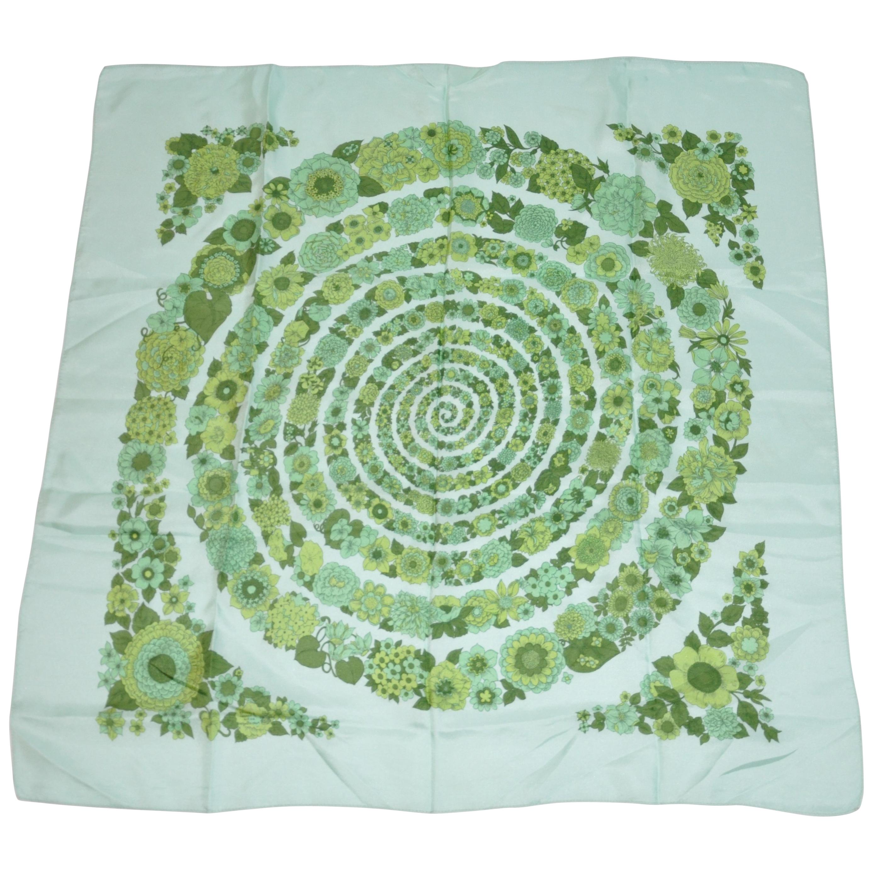 Liberty of London Multi Shades of Greens "Circular Trail of Florals" Silk Scarf