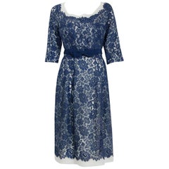 1959 Pierre Balmain Paris Navy Lace Illusion Strapless Cocktail Dress Ensemble