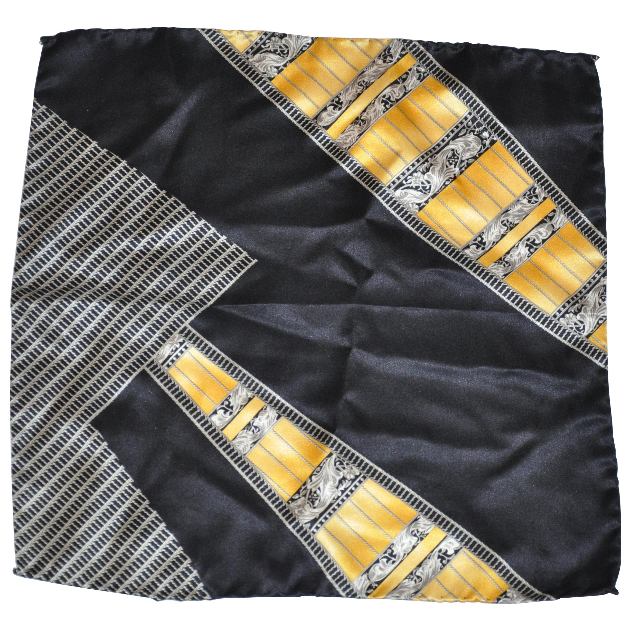 Majestic Gilded Gold with Black & Gray Detailed Silk Crepe di Chine Handkerchief For Sale