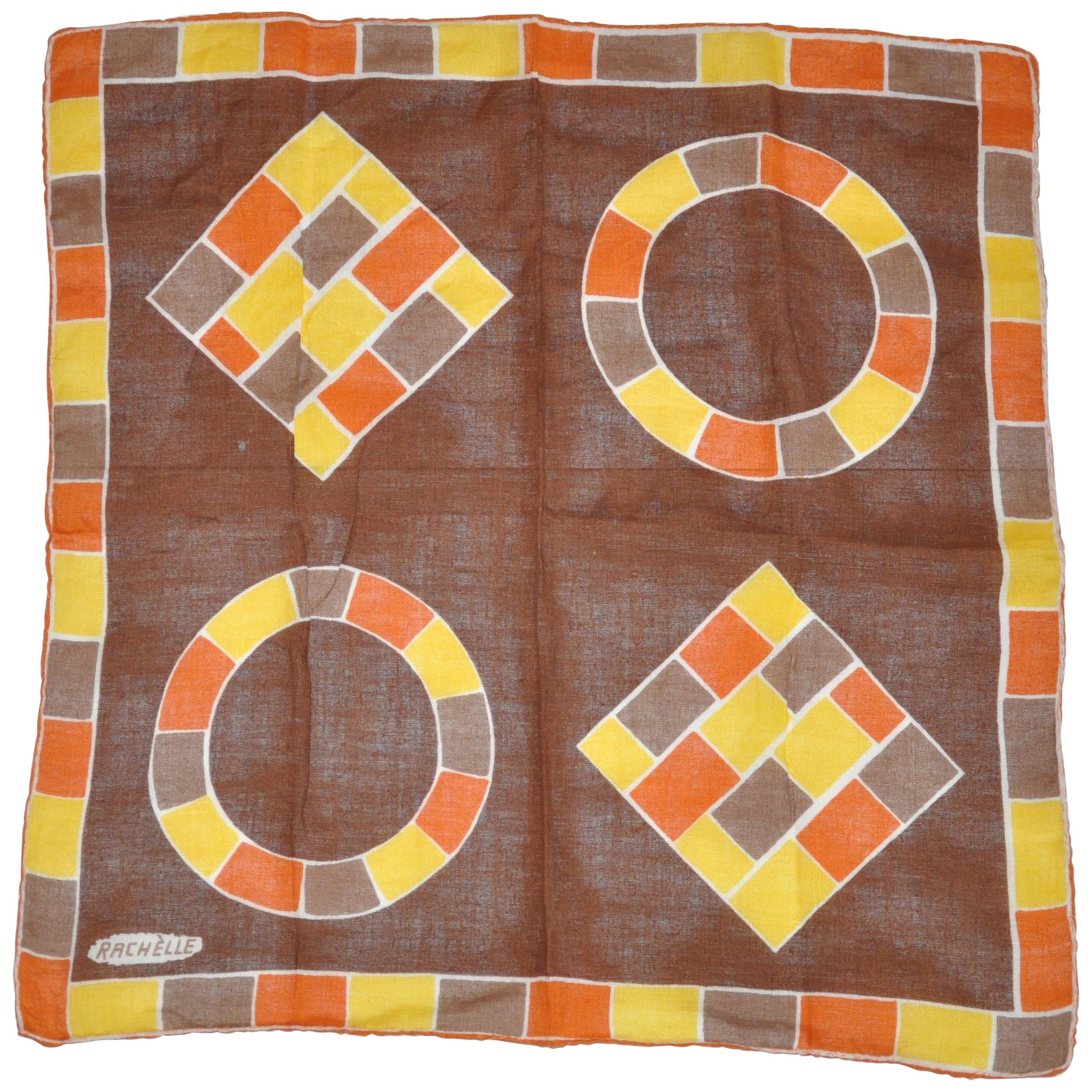 Rachelle "Autumn Shades Color Block" Hand-Rolled Edges Swiss Cotton Handkerchief For Sale