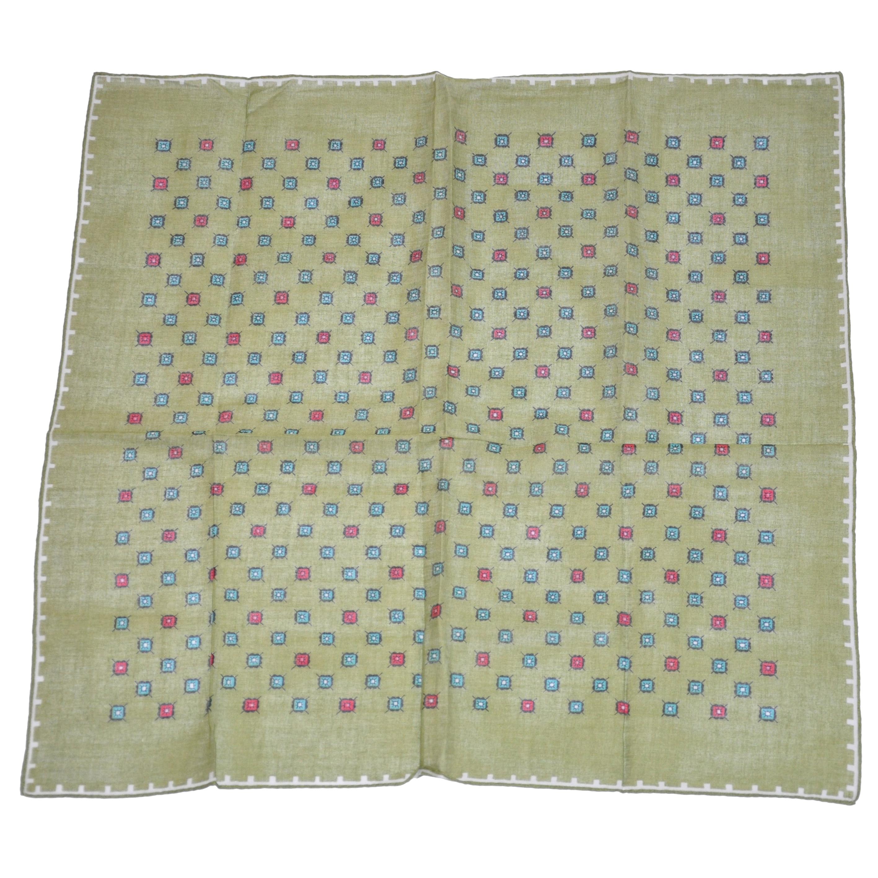 Olive-Green with Micro Florals and Hand-Rolled Edges Swiss cotton Handkerchief