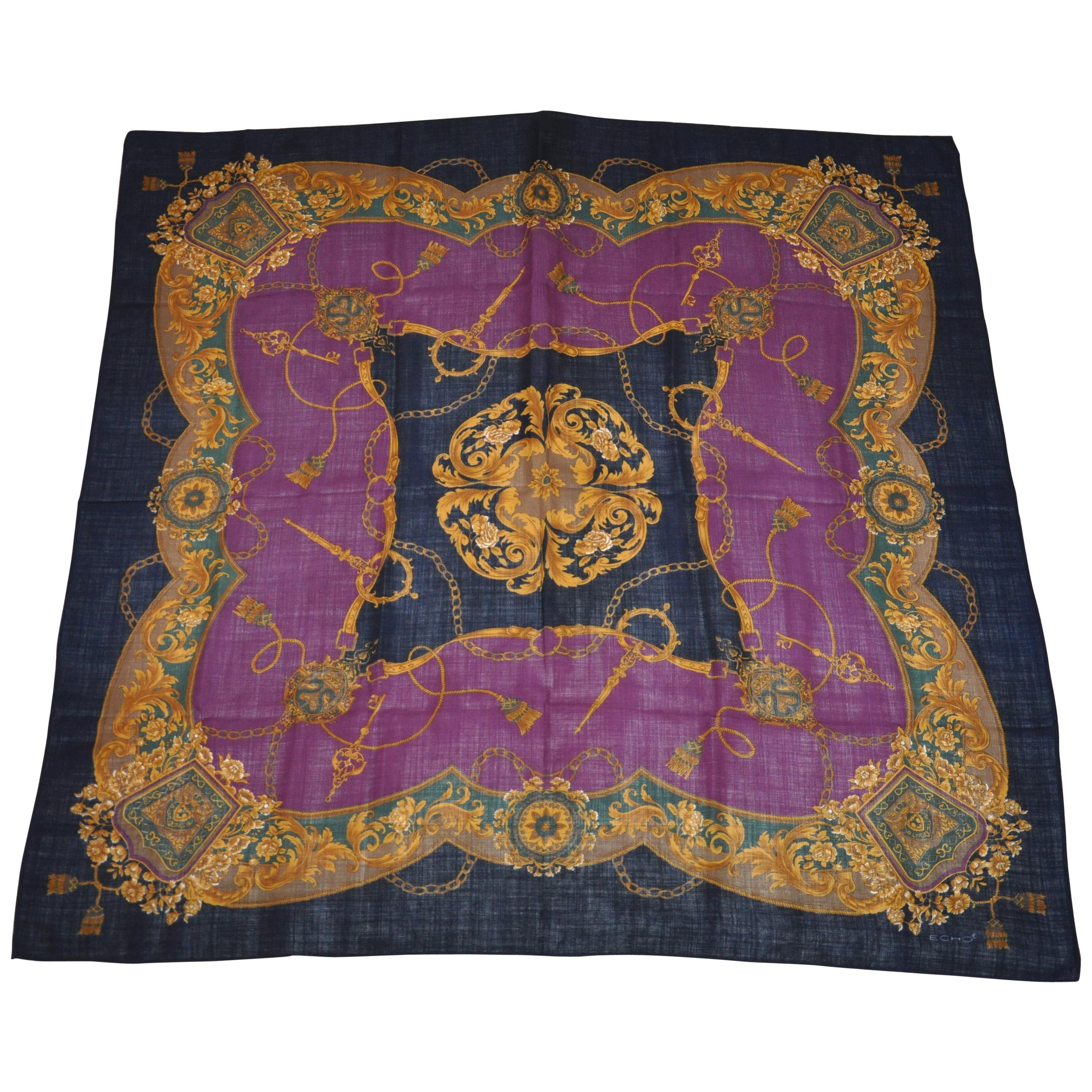 Echo Huge Deep Violet & Black "Royal Florals" Wool Challis Scarf & Shawl For Sale