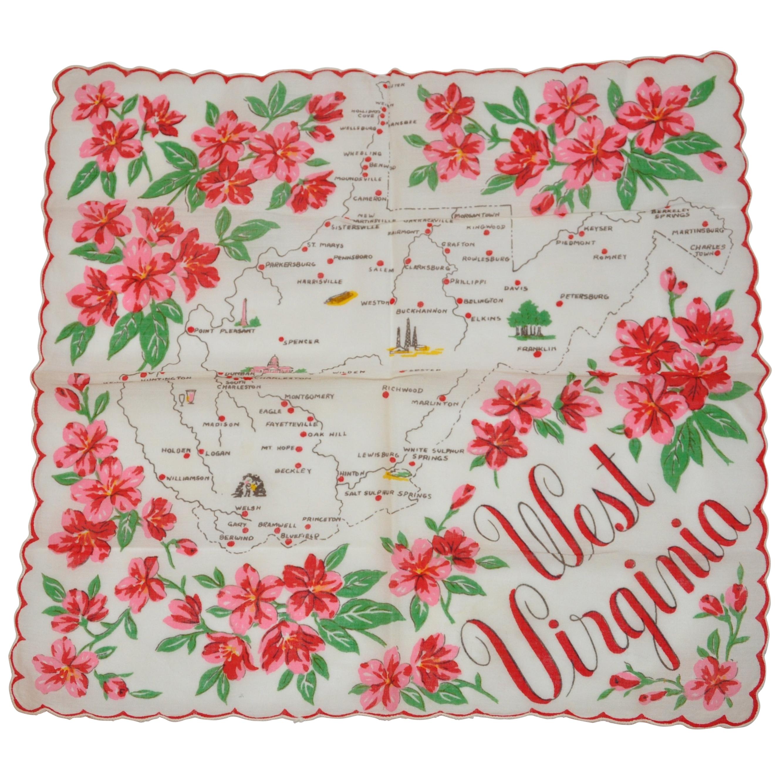 "West Virginia" Cream with Red Florals Area Map Scalloped Cotton Handkerchief