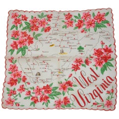 Retro "West Virginia" Cream with Red Florals Area Map Scalloped Cotton Handkerchief