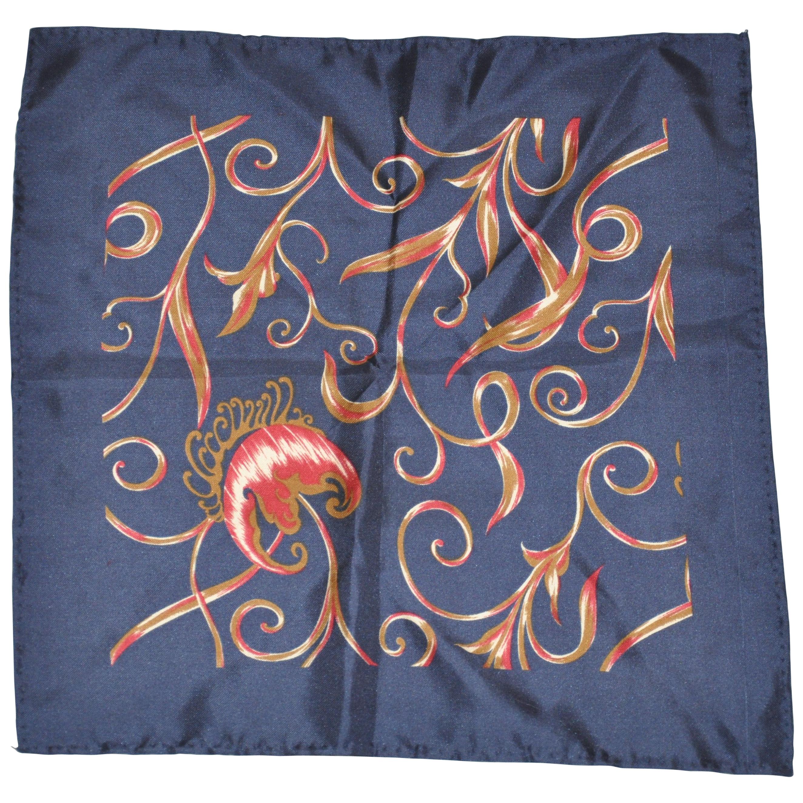 Midnight Blue Silk Jacquard "Single Floral & Vines" Hand-Rolled Handkerchief For Sale