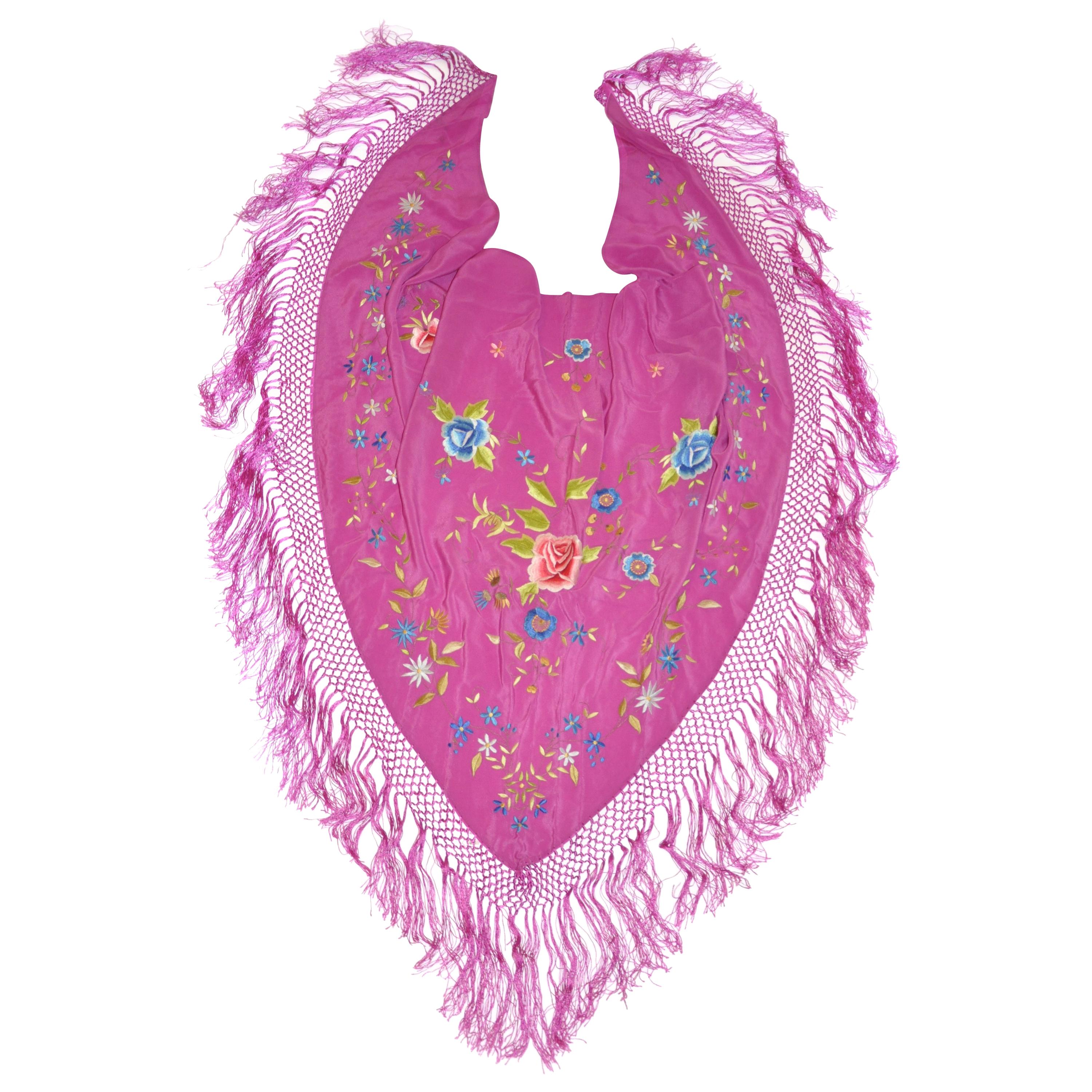 Fuchsia with Multi-Color Hand-Embroidered Florals Multi-Tier Silk Fringe Scarf For Sale