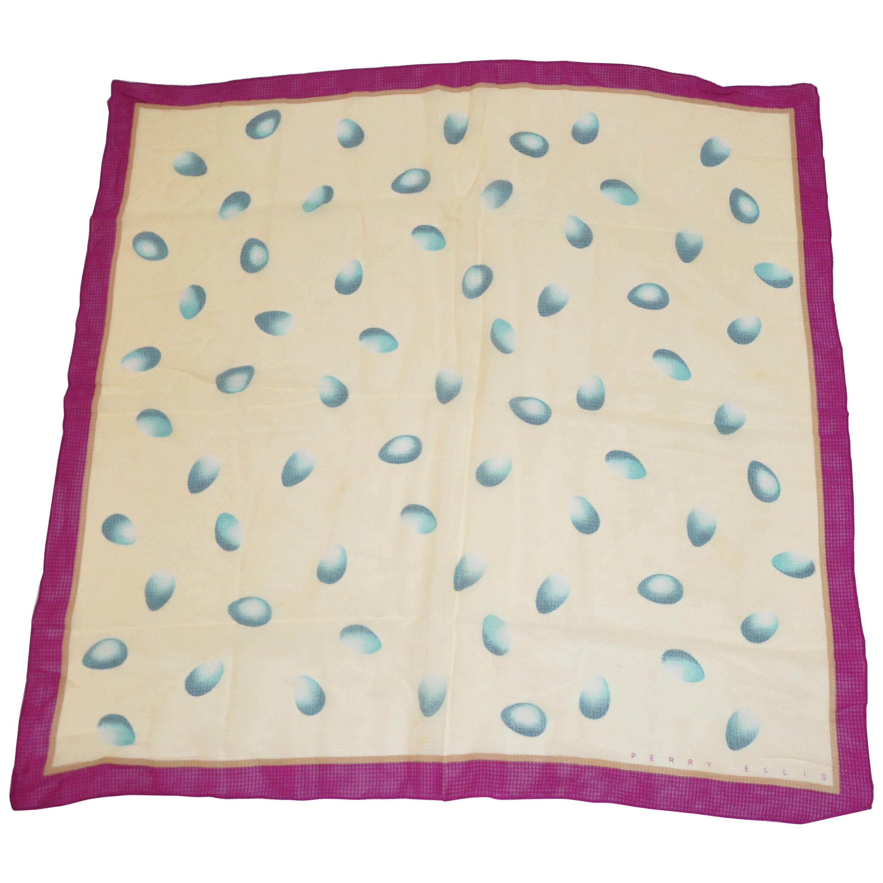 Perry Ellis Deep Violet Border "Multi Egg Drops" Hand-Rolled Silk Chiffon Scarf For Sale