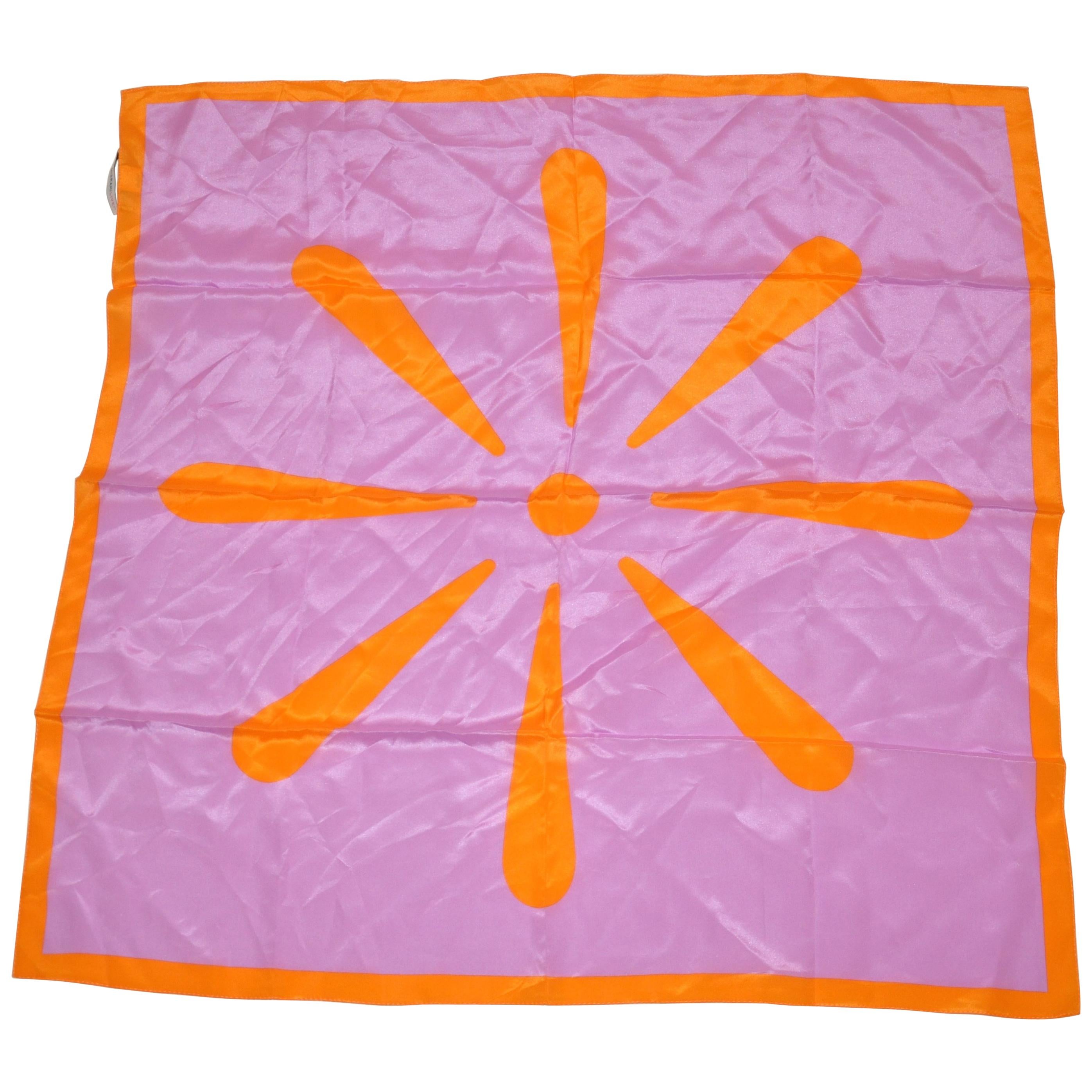 Isaac Mizrahi Whimsically Bold Lavender & Tangerine "Starburst" Silk Scarf For Sale