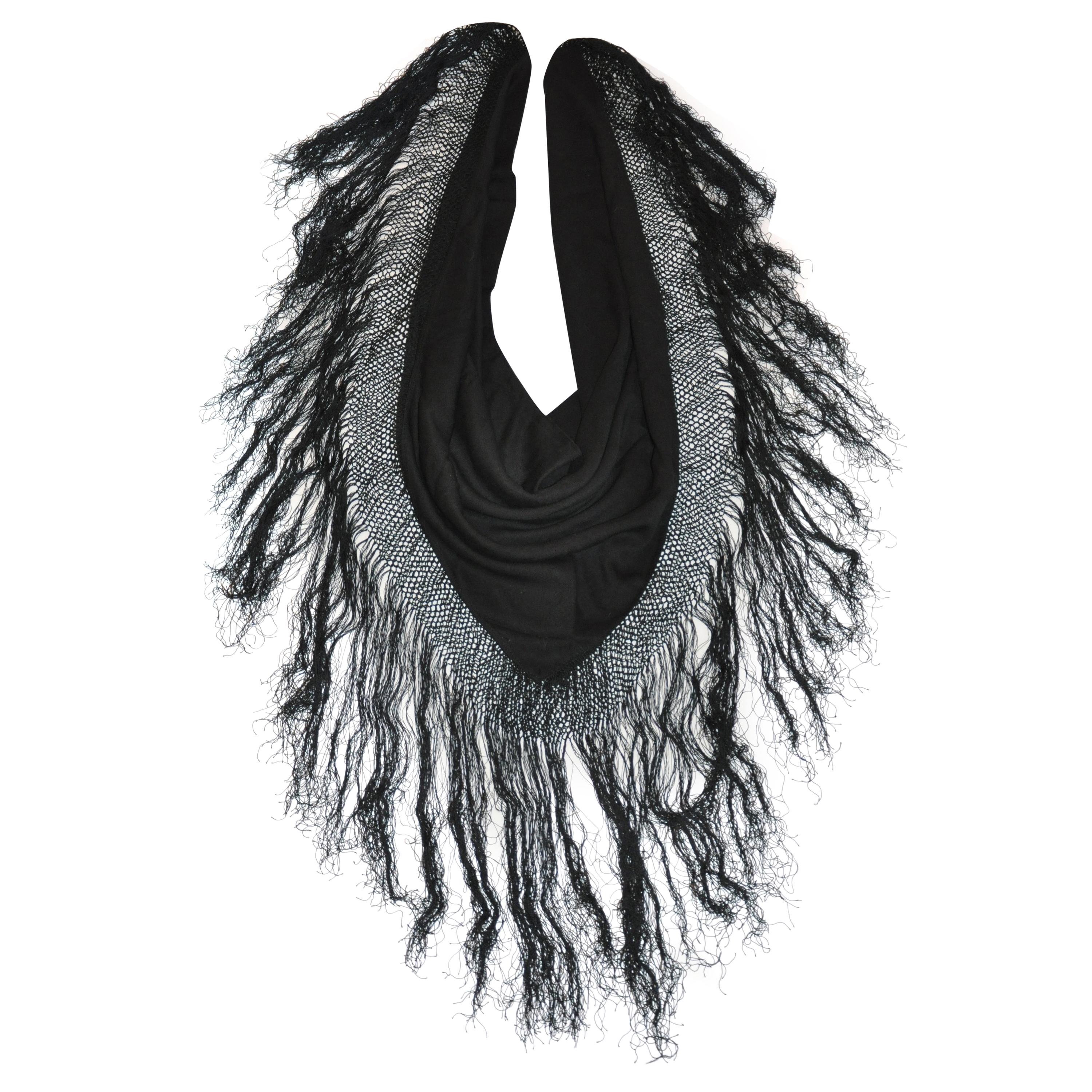 Huge Black Wool with Multi-Tier Hand-Knotted Silk Fringed Scarf & Optional Shawl For Sale