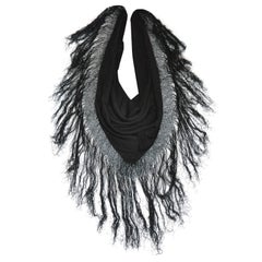 Vintage Huge Black Wool with Multi-Tier Hand-Knotted Silk Fringed Scarf & Optional Shawl