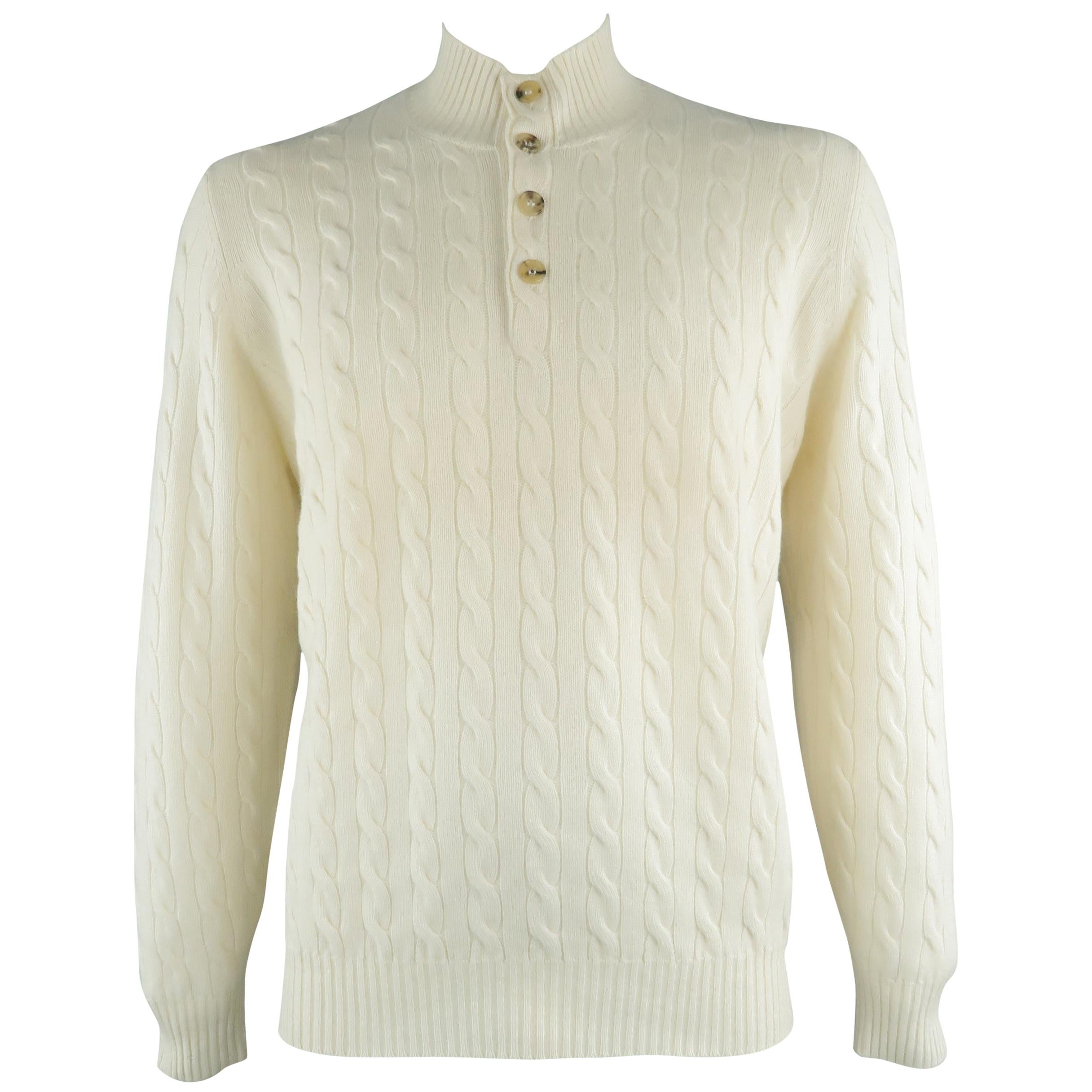 BRUNELLO CUCINELLI Size 44 Cream Cable Knit Cashmere Henley Sweater