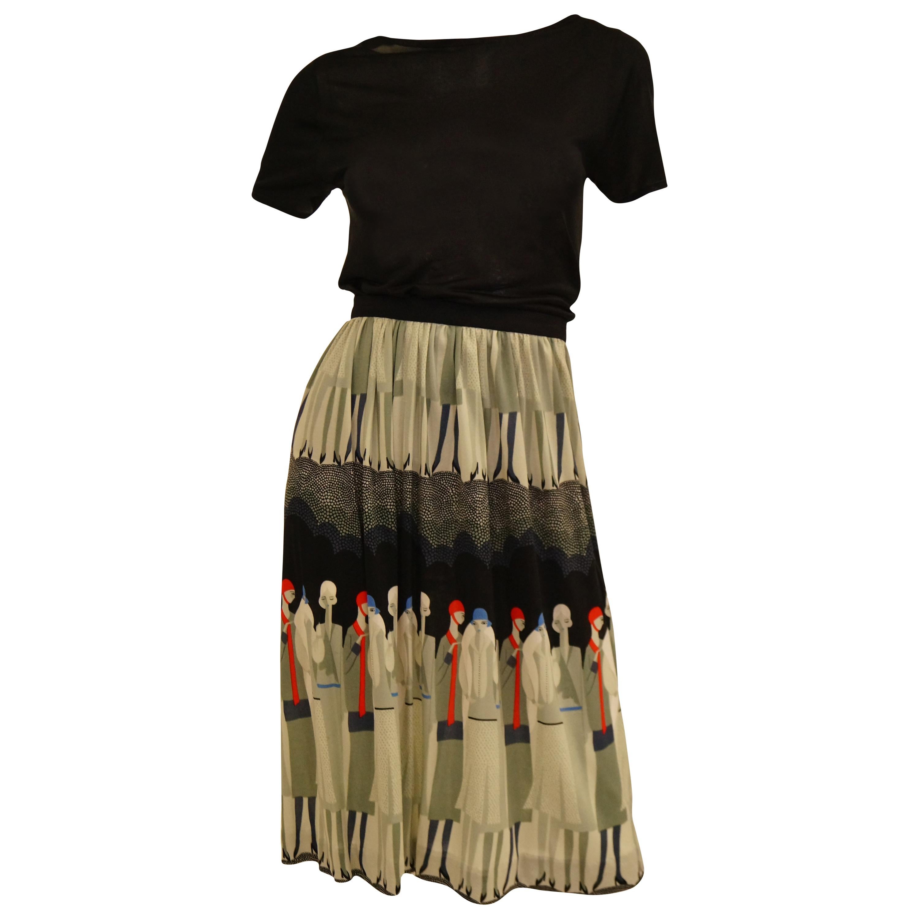 Vintage Jenast Paris Black and Olive Knit Wear 1920s Deco Print Skirt Set  For Sale