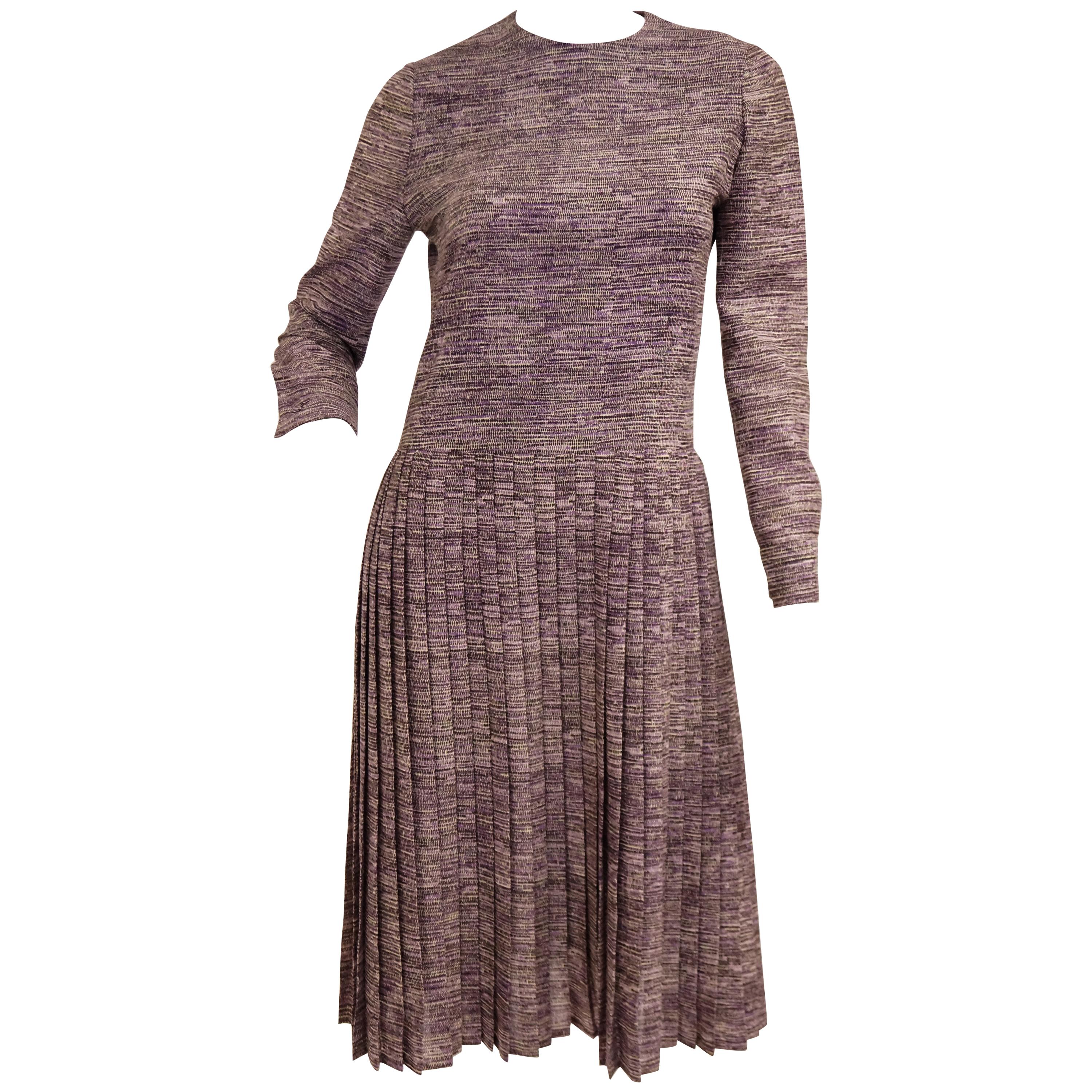 1970s Bill Blass Silk Purple Drop Waist Pleat Skirt Dress 4 For Sale