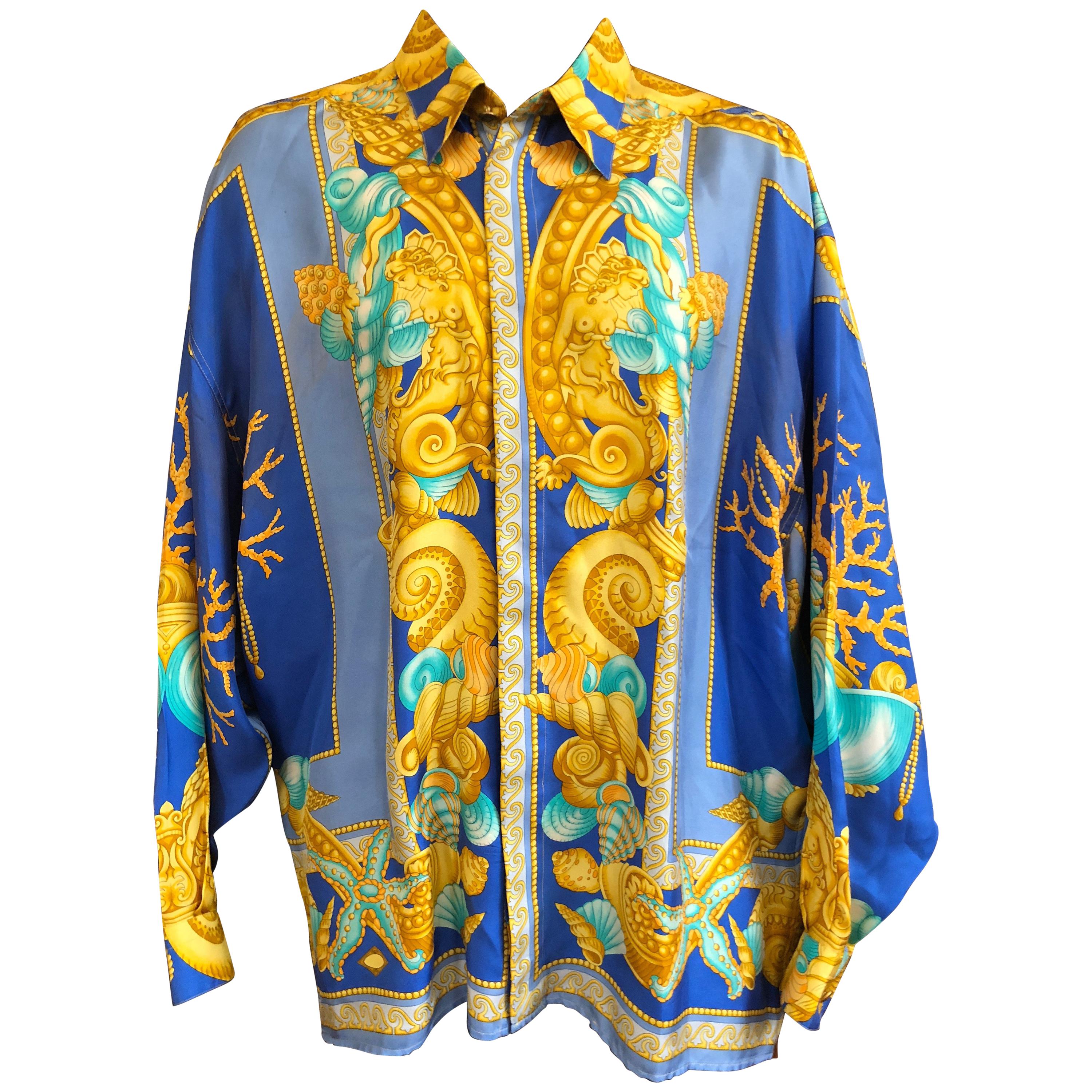V2 Gianni Versace 1998 Rare Iconic Mens Sea Shell Baroque Siren 100% Silk Shirt  For Sale