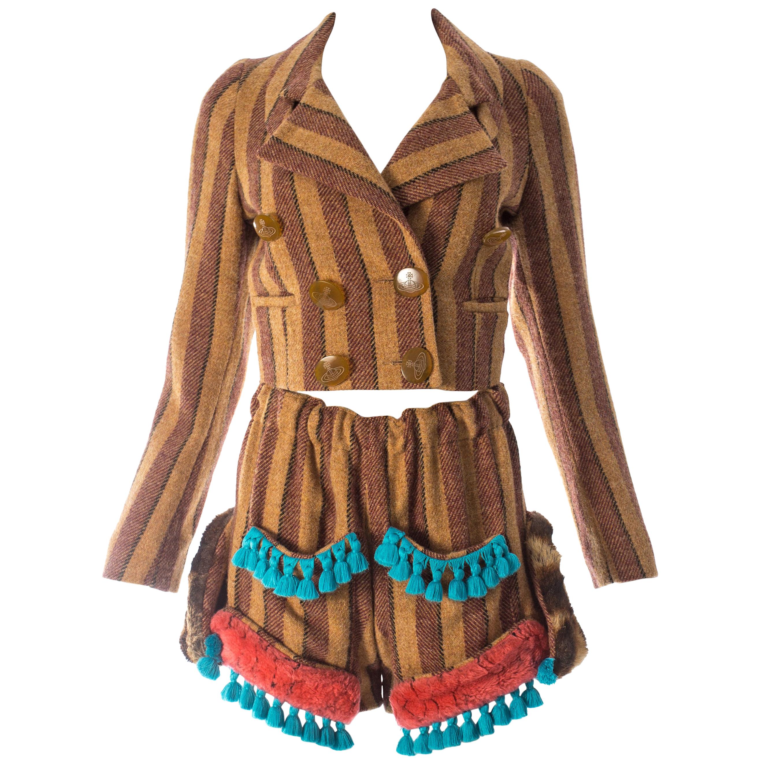 Vivivnne Westwood striped herringbone tweed short suit, fw 1990 For Sale