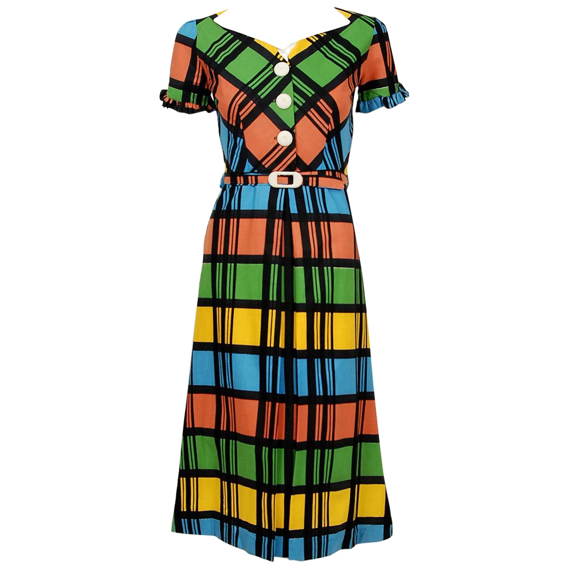 1940's Rainbow Plaid Print Cotton Button-Down Belted Swing Dress w/ Tags 