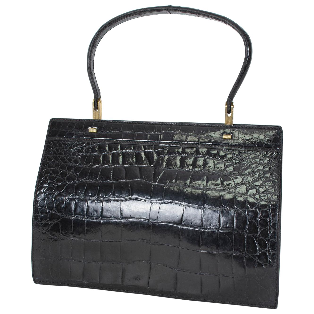 Black Gloss Alligator House of Grimaldi Saks Handbag and Mirror, France - 1960s For Sale