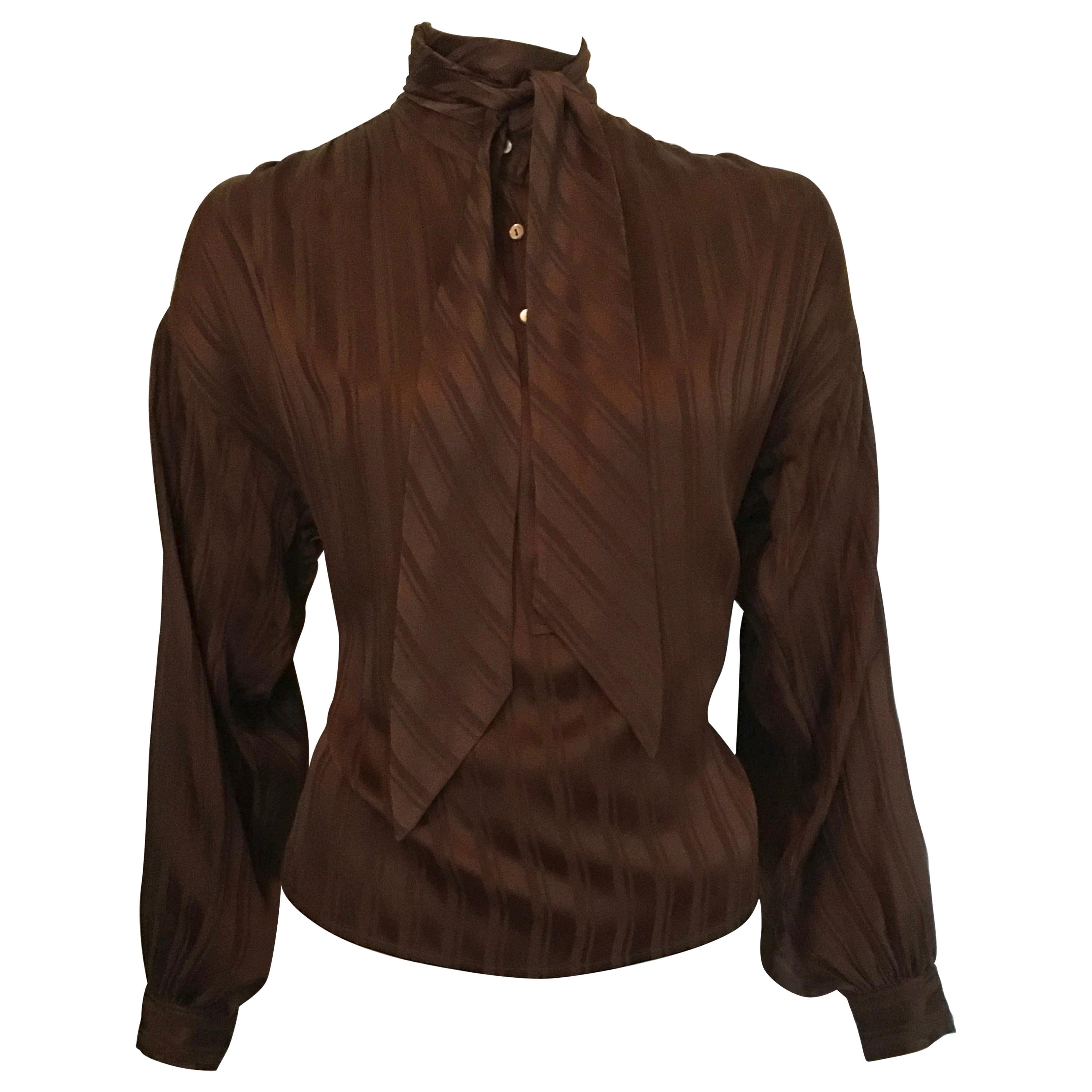 Yves Saint Laurent Rive Gauche 1970s Brown Silk Blouse with Tie Size Large.  For Sale